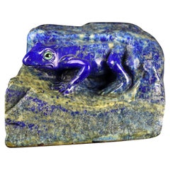 Retro Lapis Lazuli Blue Frog Figurine Carved Animal Artisanal Statue Sculpture
