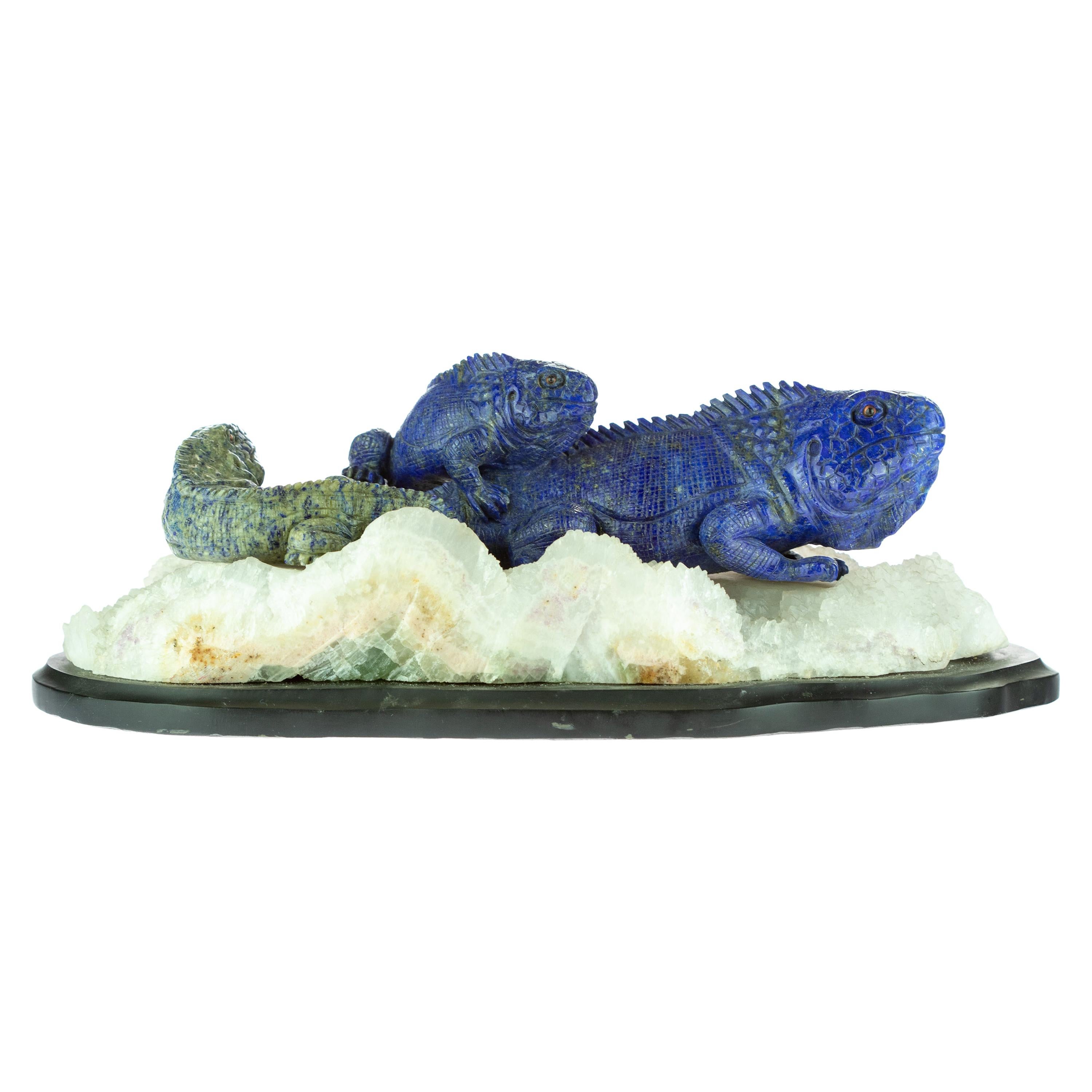 Lapis Lazuli Blue Lizards Figurine Carved Animal Artisanal Statue Sculpture For Sale