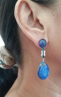 Lapis Lazuli Blue Sapphire Gold Diamonds Green Enamel Flat Drop Earrings