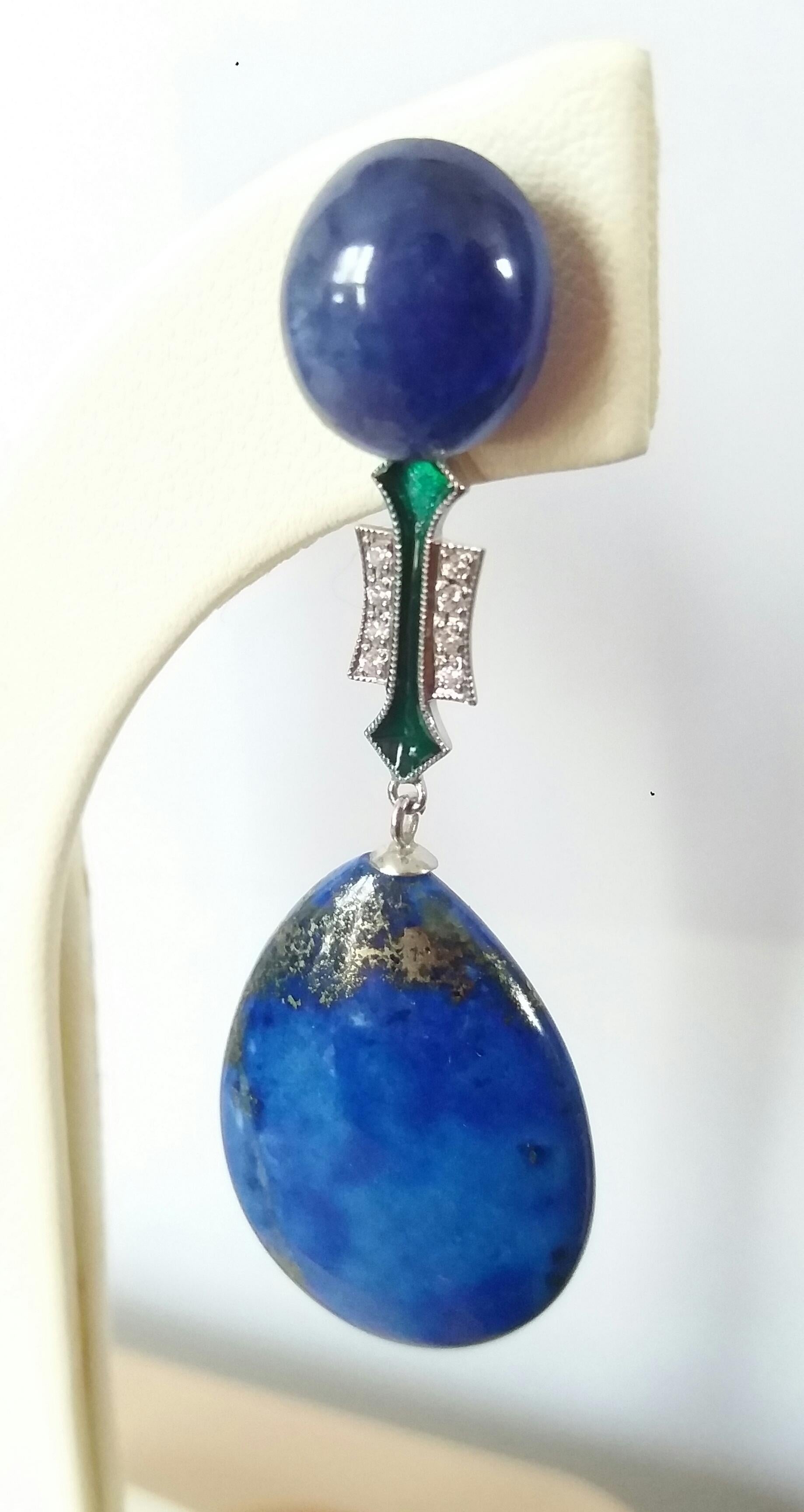 Art Deco Lapis Lazuli Blue Sapphire Gold Diamonds Green Enamel Flat Drop Earrings For Sale