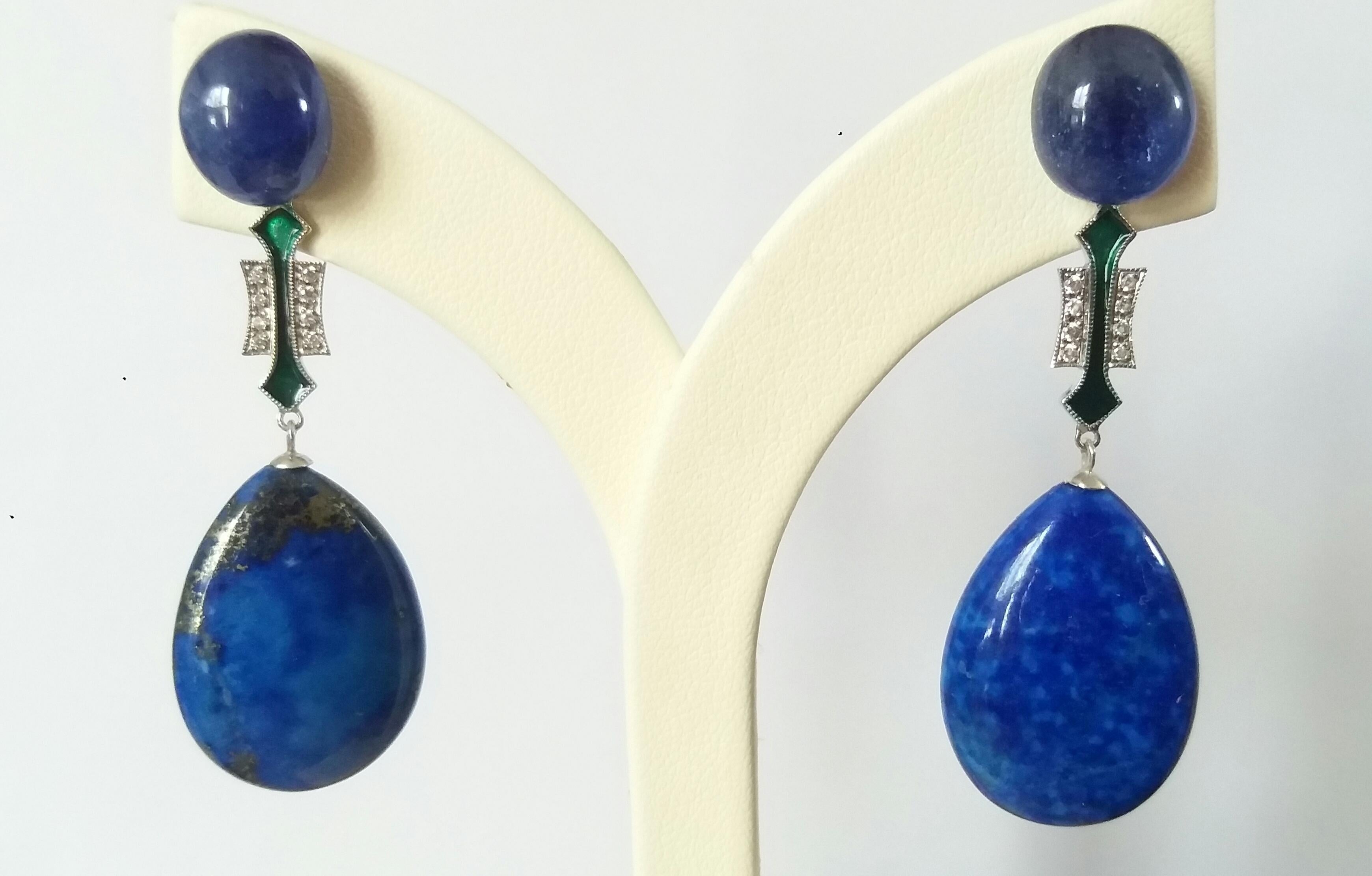 Art Deco Lapis Lazuli Blue Sapphire Gold Diamonds Green Enamel Flat Drop Earrings For Sale