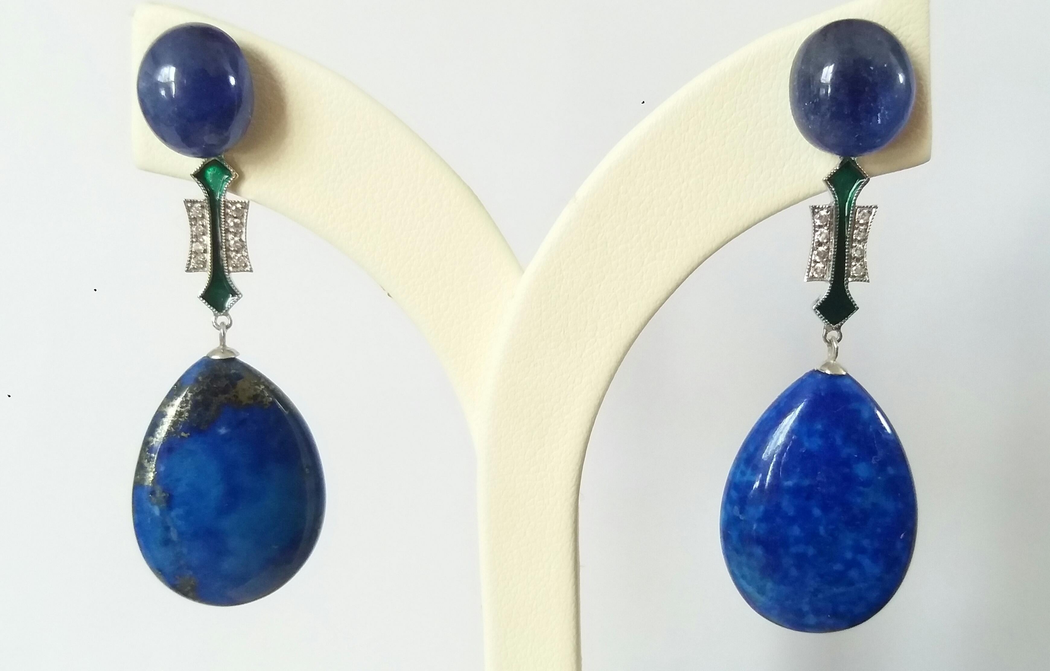 Cabochon Lapis Lazuli Blue Sapphire Gold Diamonds Green Enamel Flat Drop Earrings For Sale