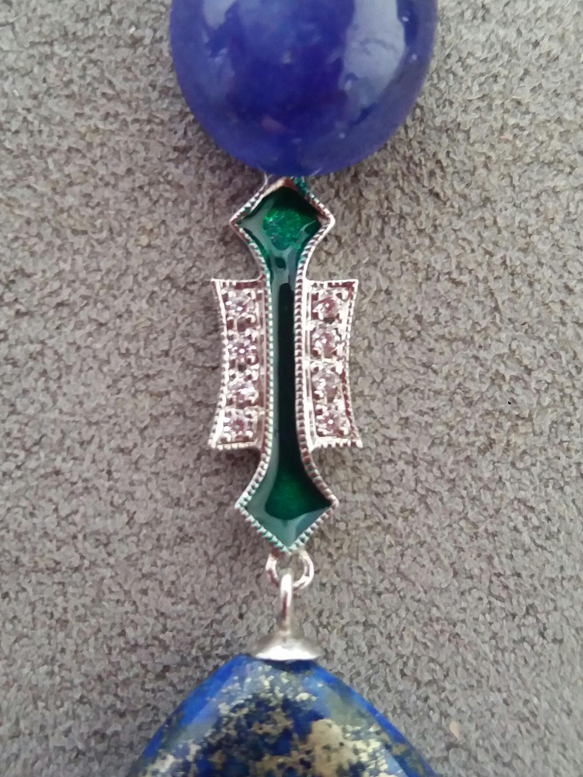 Lapis Lazuli Blue Sapphire Gold Diamonds Green Enamel Flat Drop Earrings In Good Condition For Sale In Bangkok, TH
