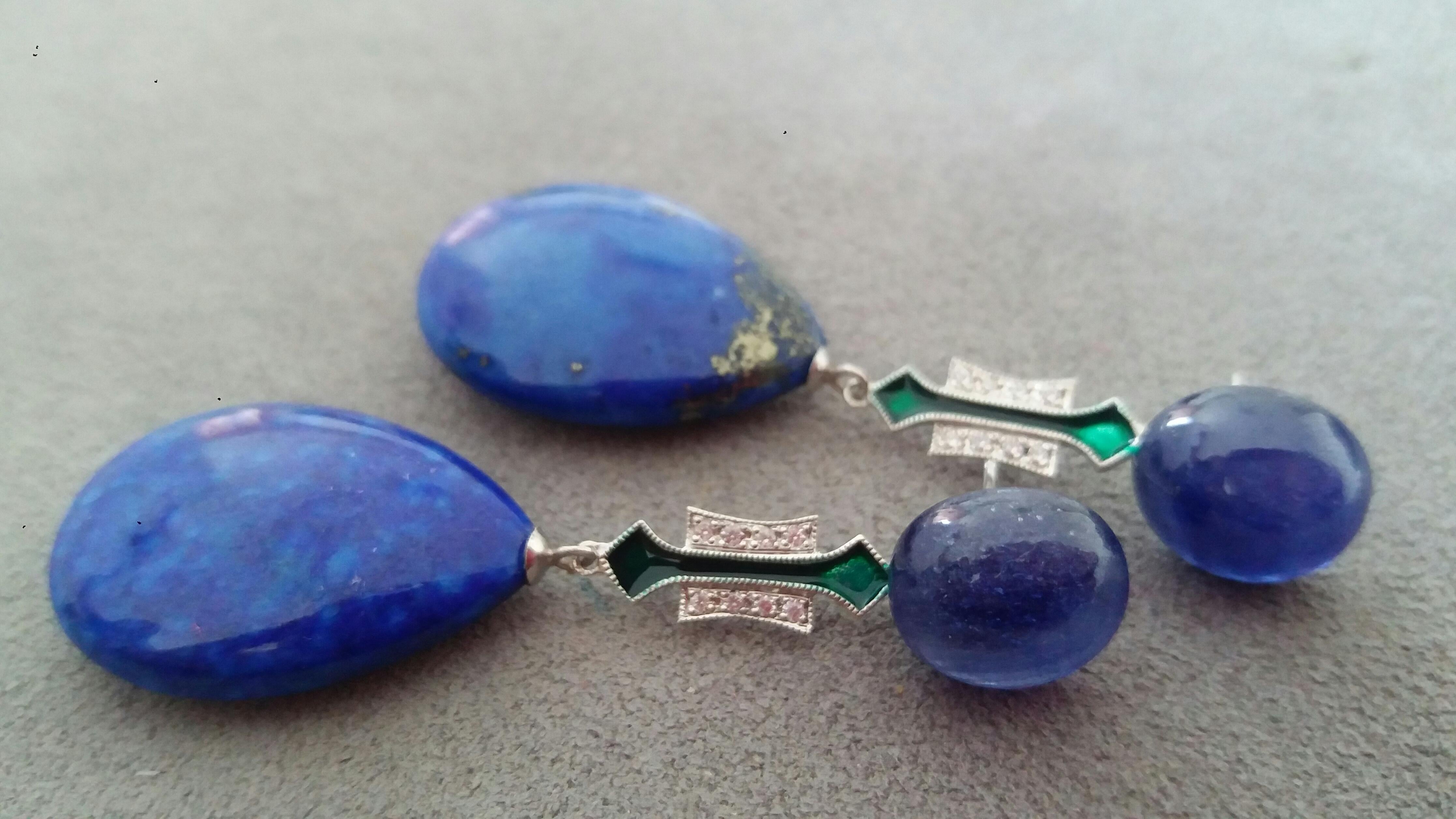 Women's Lapis Lazuli Blue Sapphire Gold Diamonds Green Enamel Flat Drop Earrings For Sale