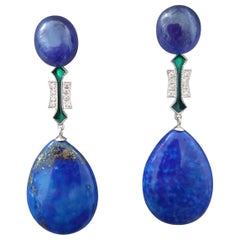 Lapis Lazuli Blue Sapphire Gold Diamonds Green Enamel Flat Drop Earrings