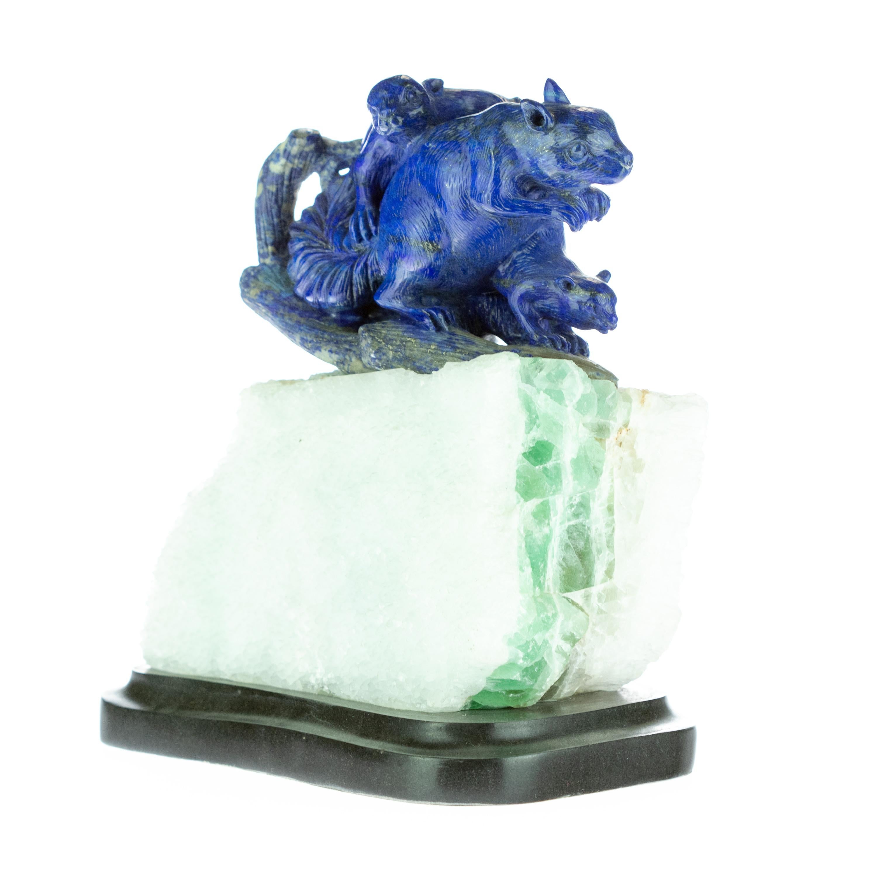 Hong Kong Lapis Lazuli Blue Squirrel Carved Animal Gemstone Artisanal Statue Sculpture