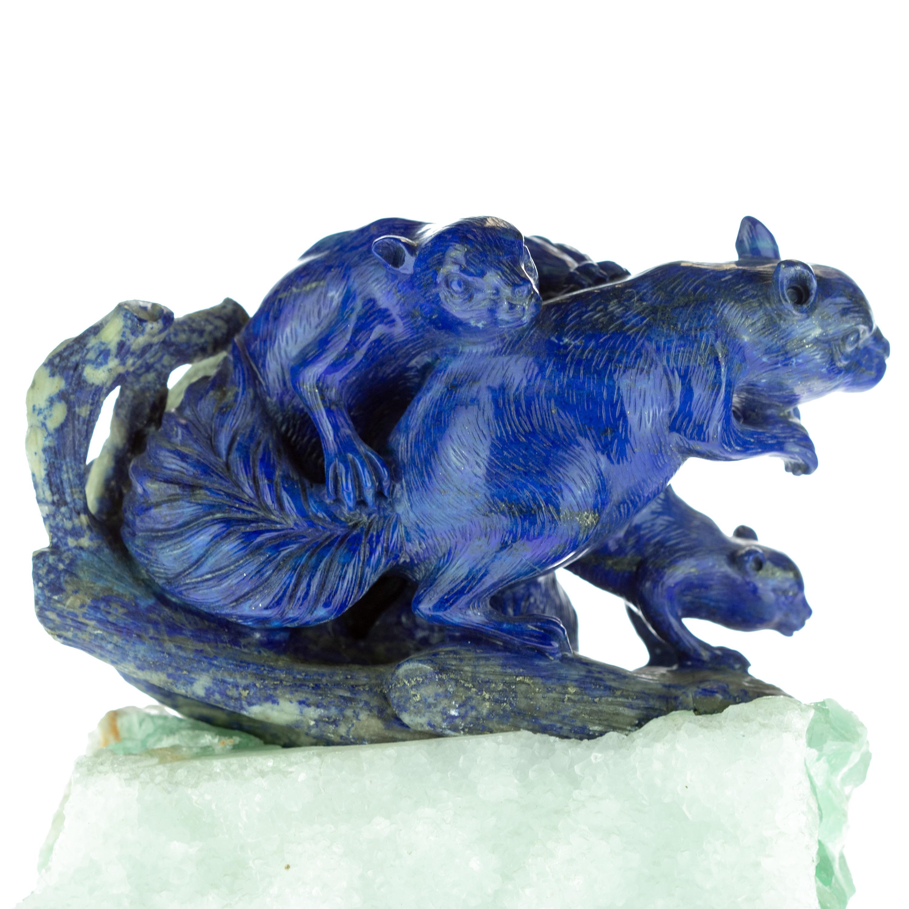 Late 20th Century Lapis Lazuli Blue Squirrel Carved Animal Gemstone Artisanal Statue Sculpture