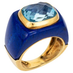 Lapis Lazuli Blue Topaz Ring Estate 14k Yellow Gold Band Sz 5.5 Cocktail Jewelry