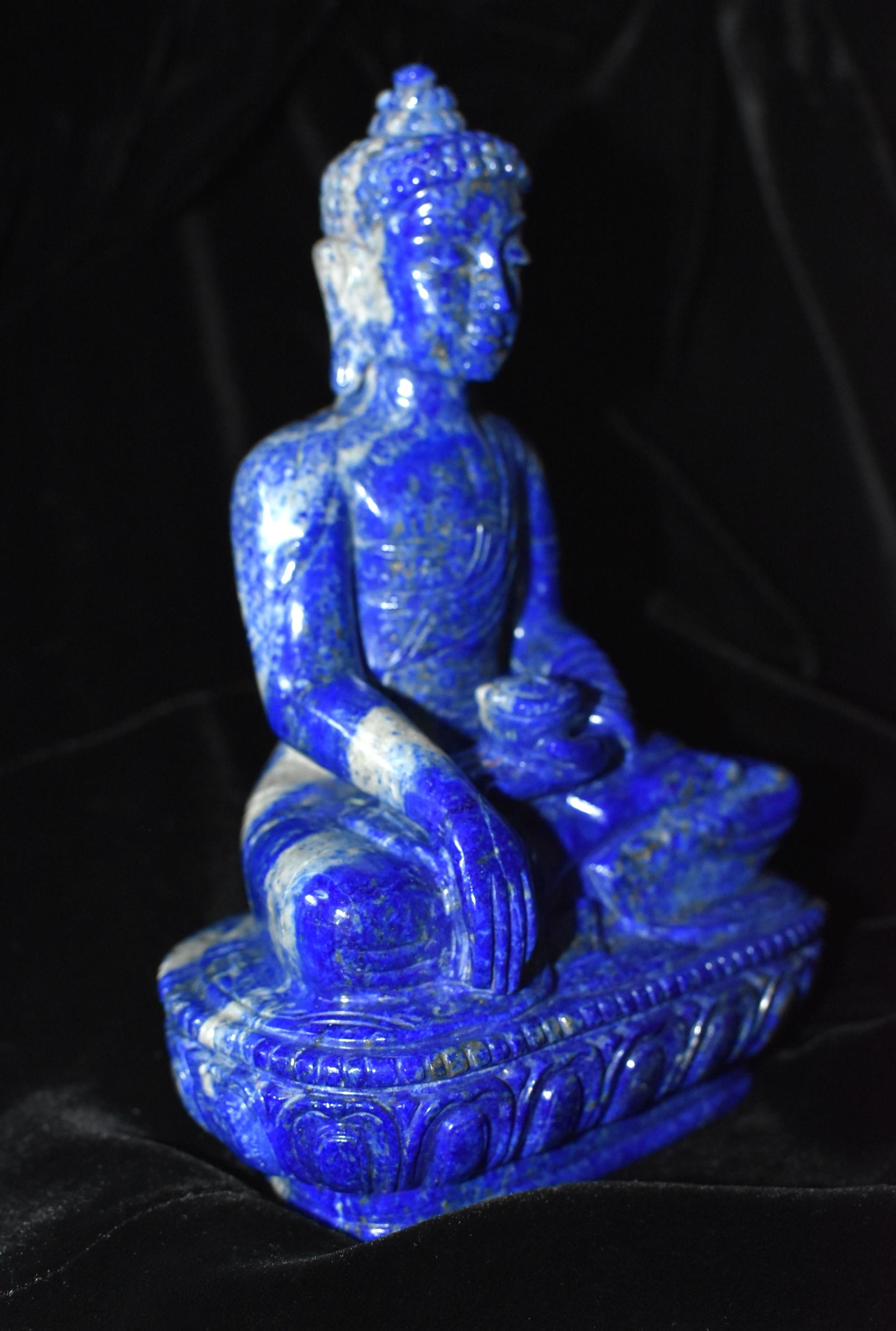 Lapis Lazuli Buddha Statue, 3.4 lb, Finest Grade In Excellent Condition In Somis, CA