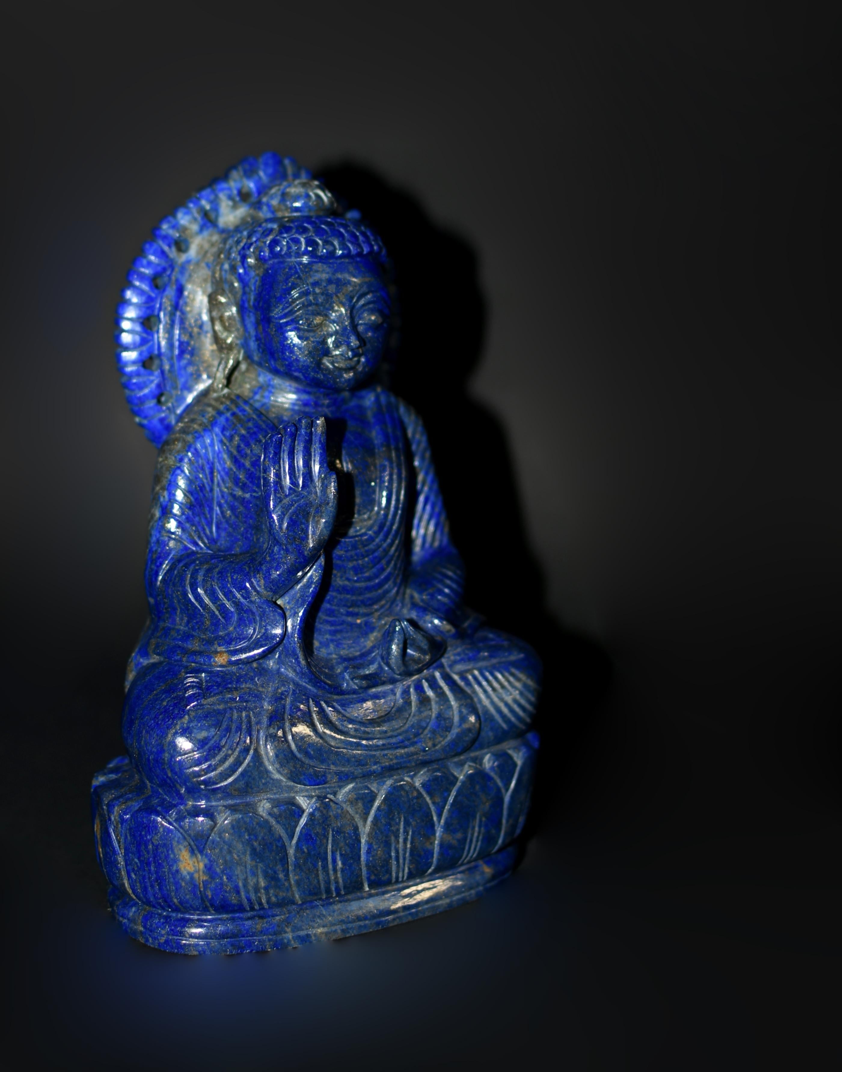 Indian Lapis Lazuli Buddha Statue Hand Carved 6 lbs For Sale