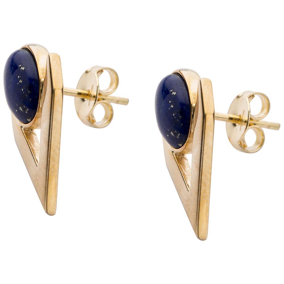 Lapis Lazuli Cabochon Earring Pair in 9 Carat Gold from Iosselliani For Sale