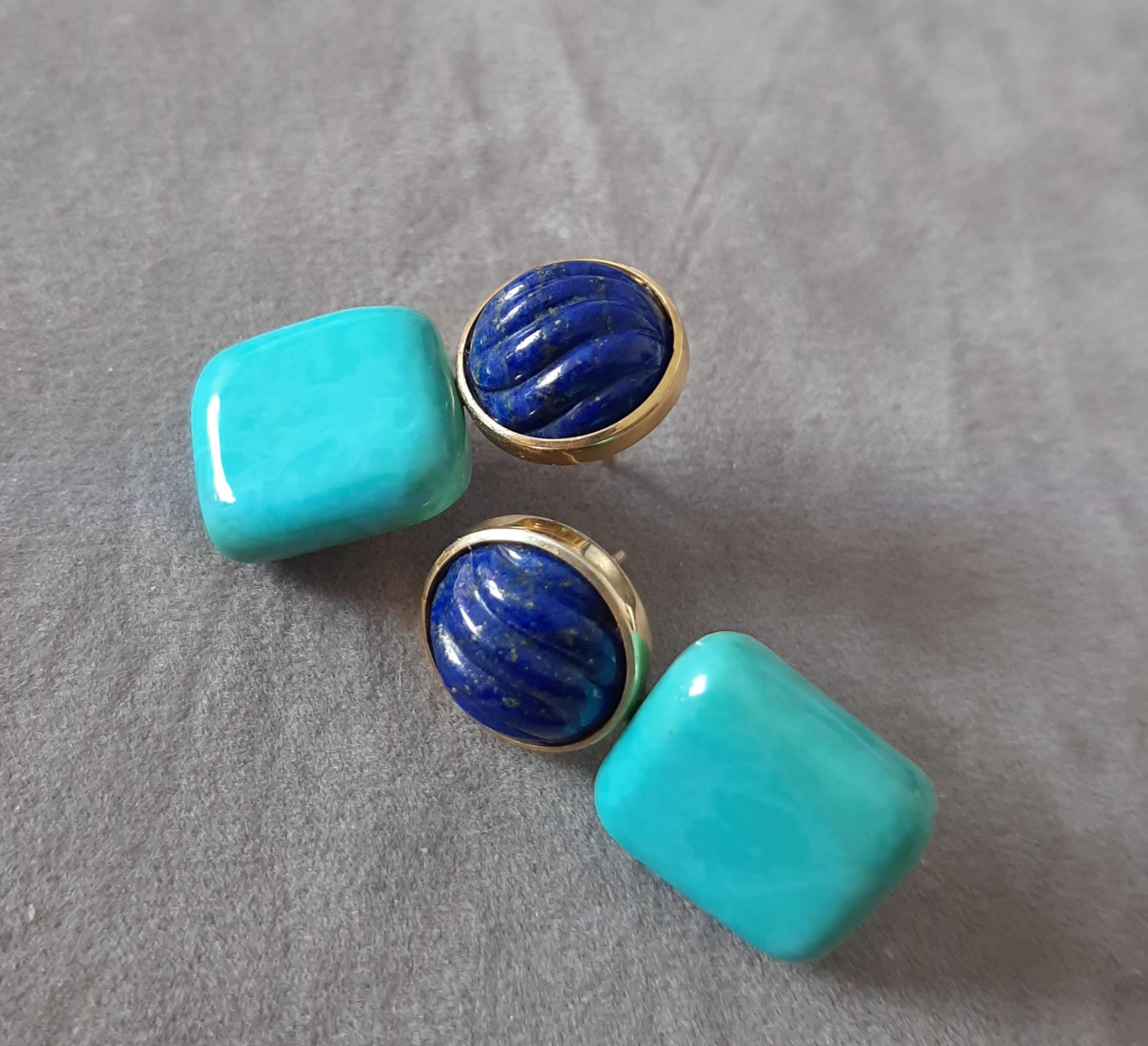 Boucles d'oreilles en or massif 14k Lapis Lazuli Cabs Carved Genuine Turquoise Cushions en vente 4