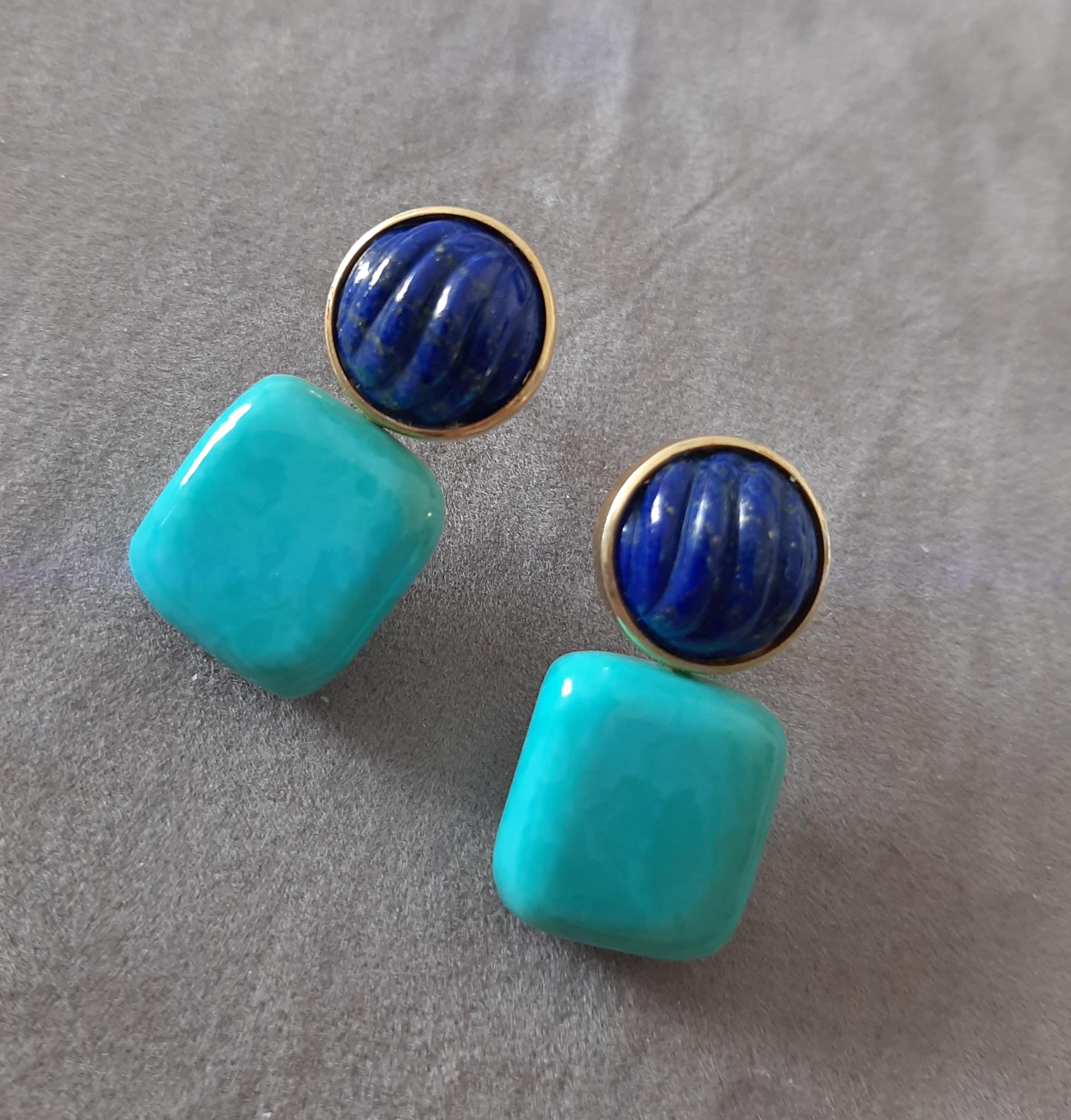 Boucles d'oreilles en or massif 14k Lapis Lazuli Cabs Carved Genuine Turquoise Cushions en vente 5