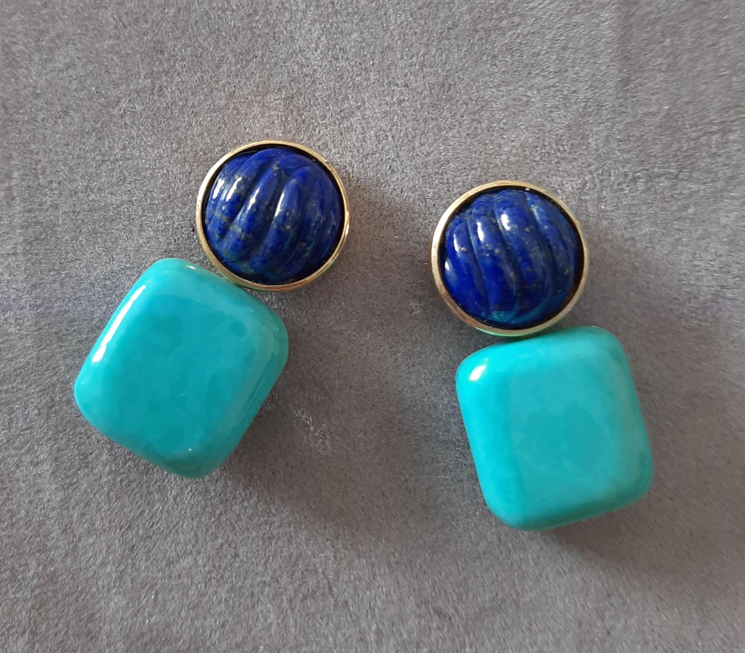 Boucles d'oreilles en or massif 14k Lapis Lazuli Cabs Carved Genuine Turquoise Cushions en vente 6