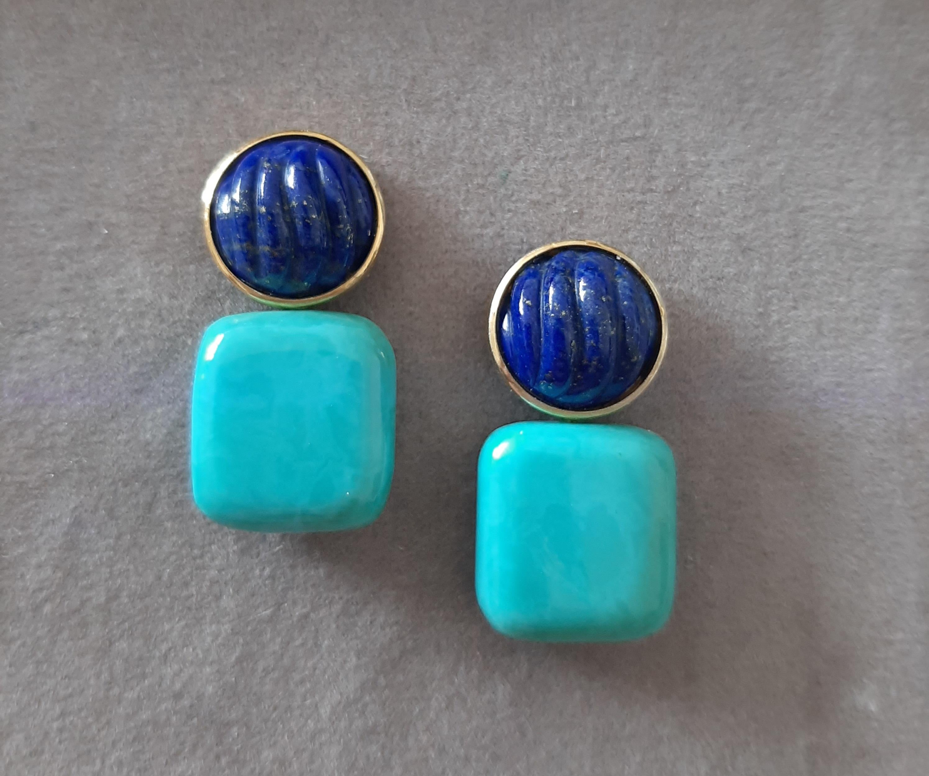 Boucles d'oreilles en or massif 14k Lapis Lazuli Cabs Carved Genuine Turquoise Cushions en vente 7
