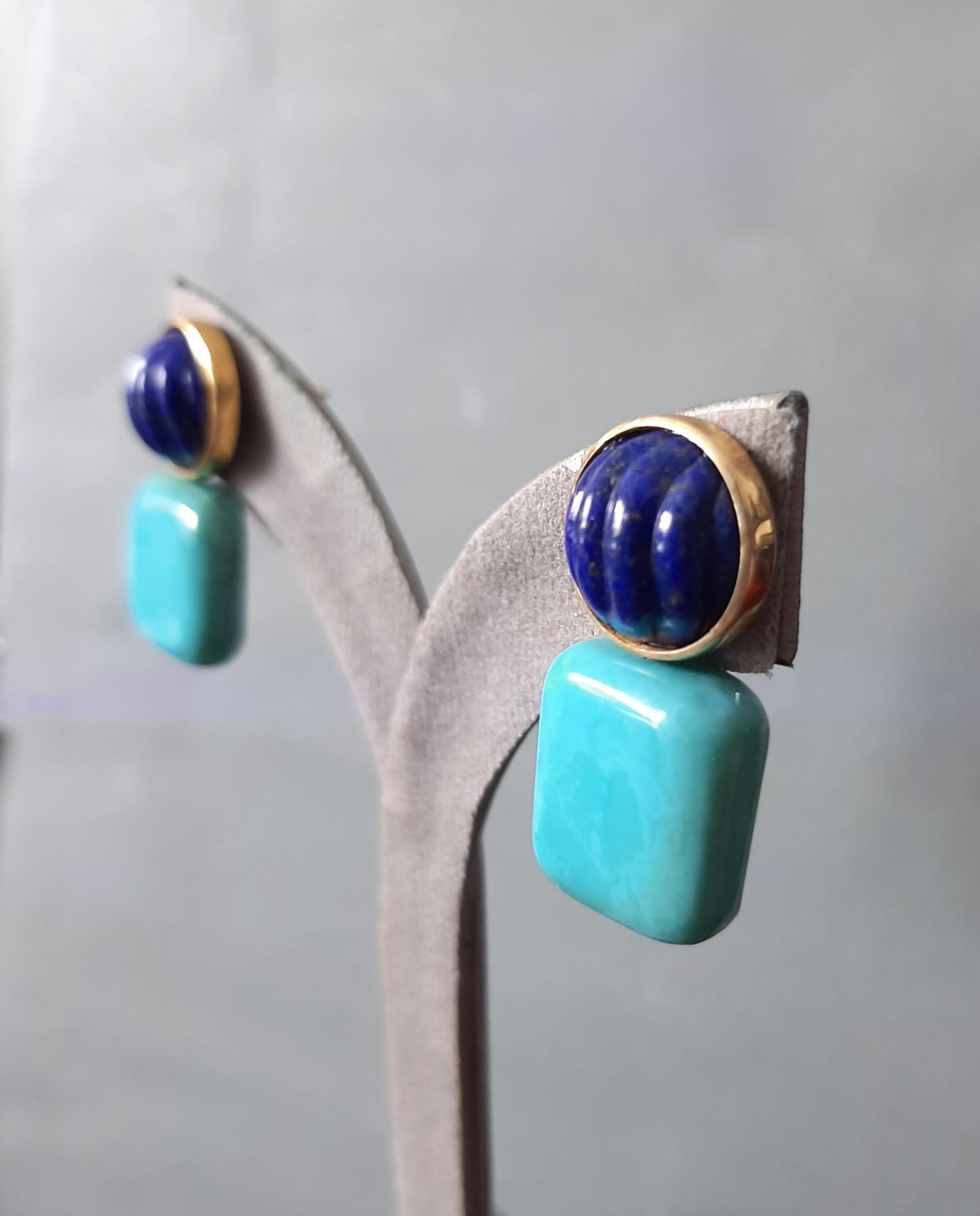 Artisan Boucles d'oreilles en or massif 14k Lapis Lazuli Cabs Carved Genuine Turquoise Cushions en vente