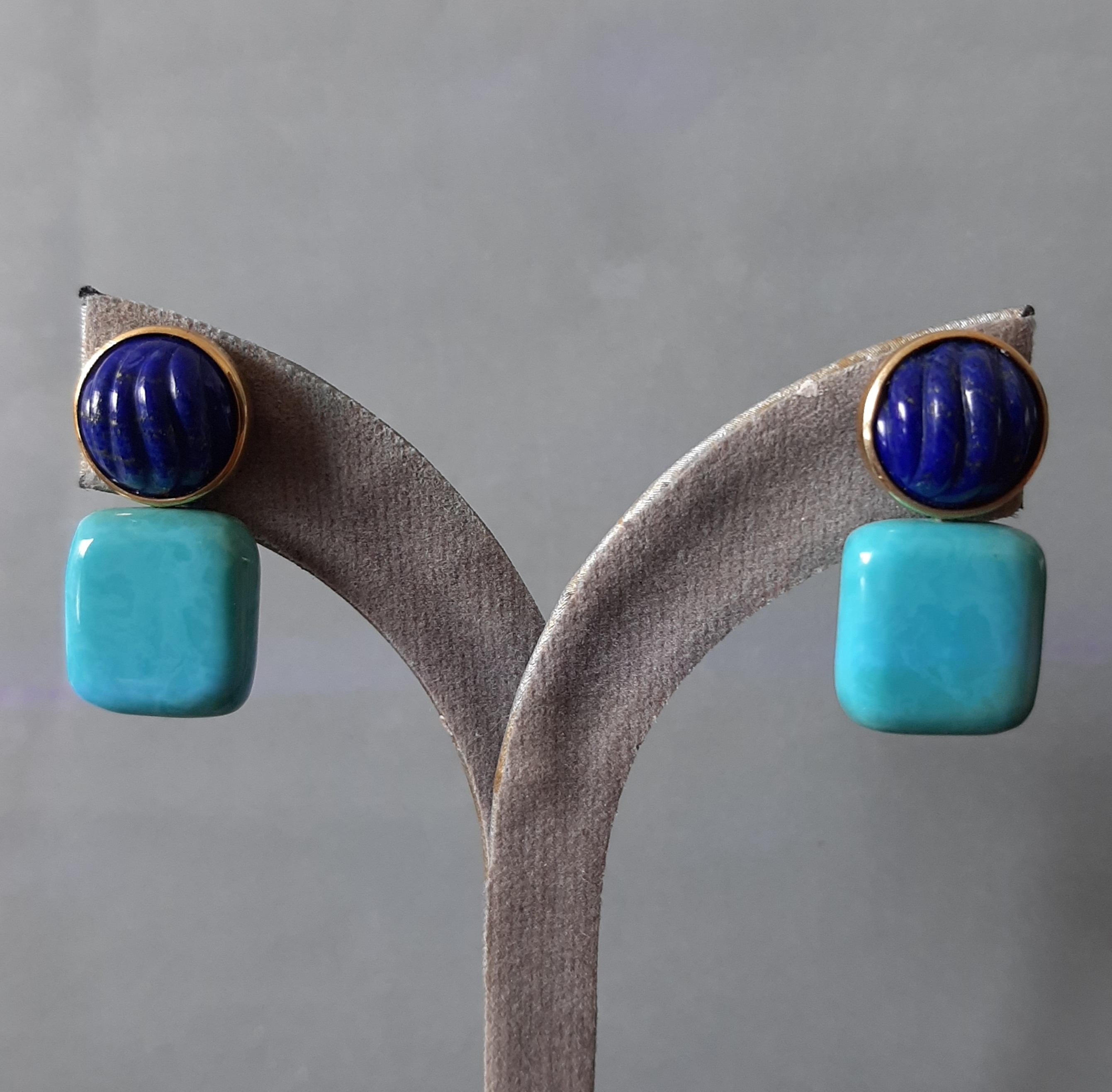 Taille mixte Boucles d'oreilles en or massif 14k Lapis Lazuli Cabs Carved Genuine Turquoise Cushions en vente