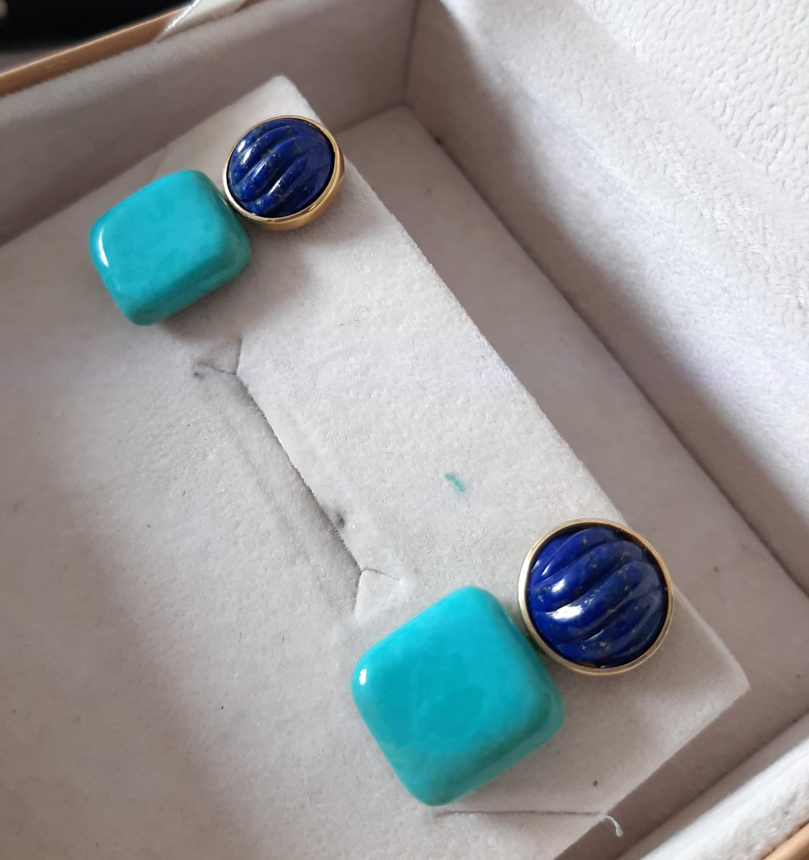 Boucles d'oreilles en or massif 14k Lapis Lazuli Cabs Carved Genuine Turquoise Cushions Neuf - En vente à Bangkok, TH