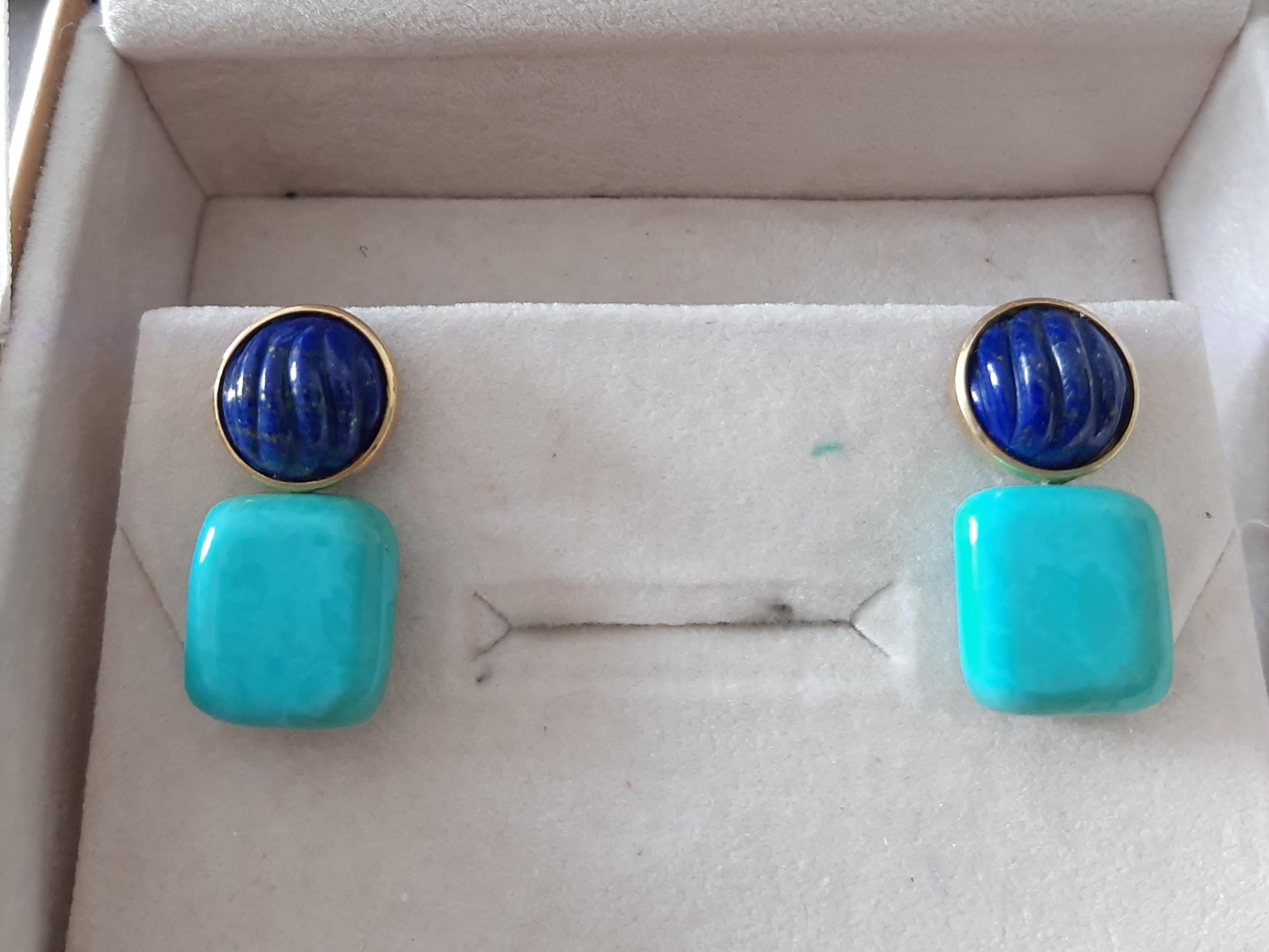Boucles d'oreilles en or massif 14k Lapis Lazuli Cabs Carved Genuine Turquoise Cushions Unisexe en vente