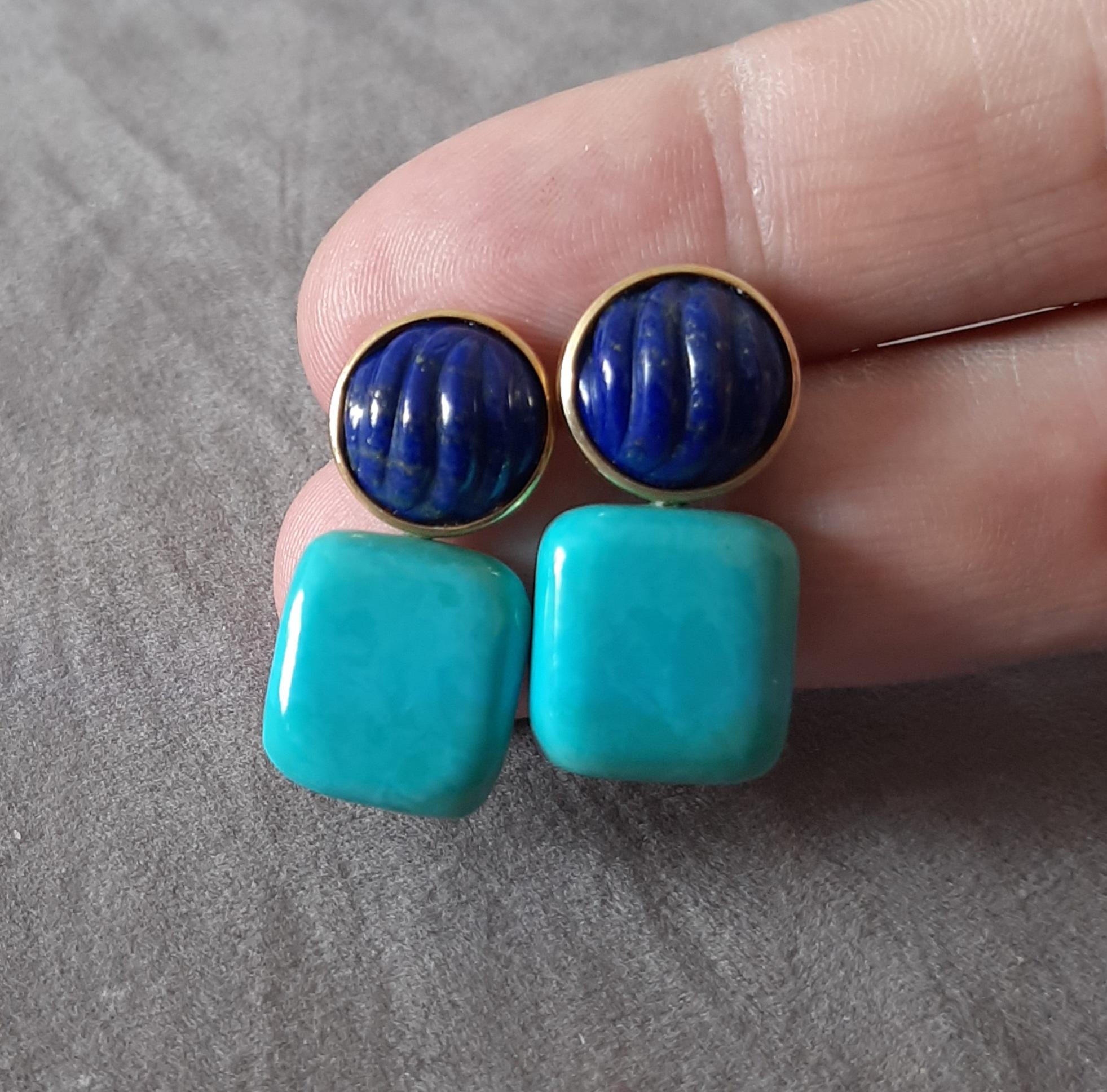 Boucles d'oreilles en or massif 14k Lapis Lazuli Cabs Carved Genuine Turquoise Cushions en vente 1