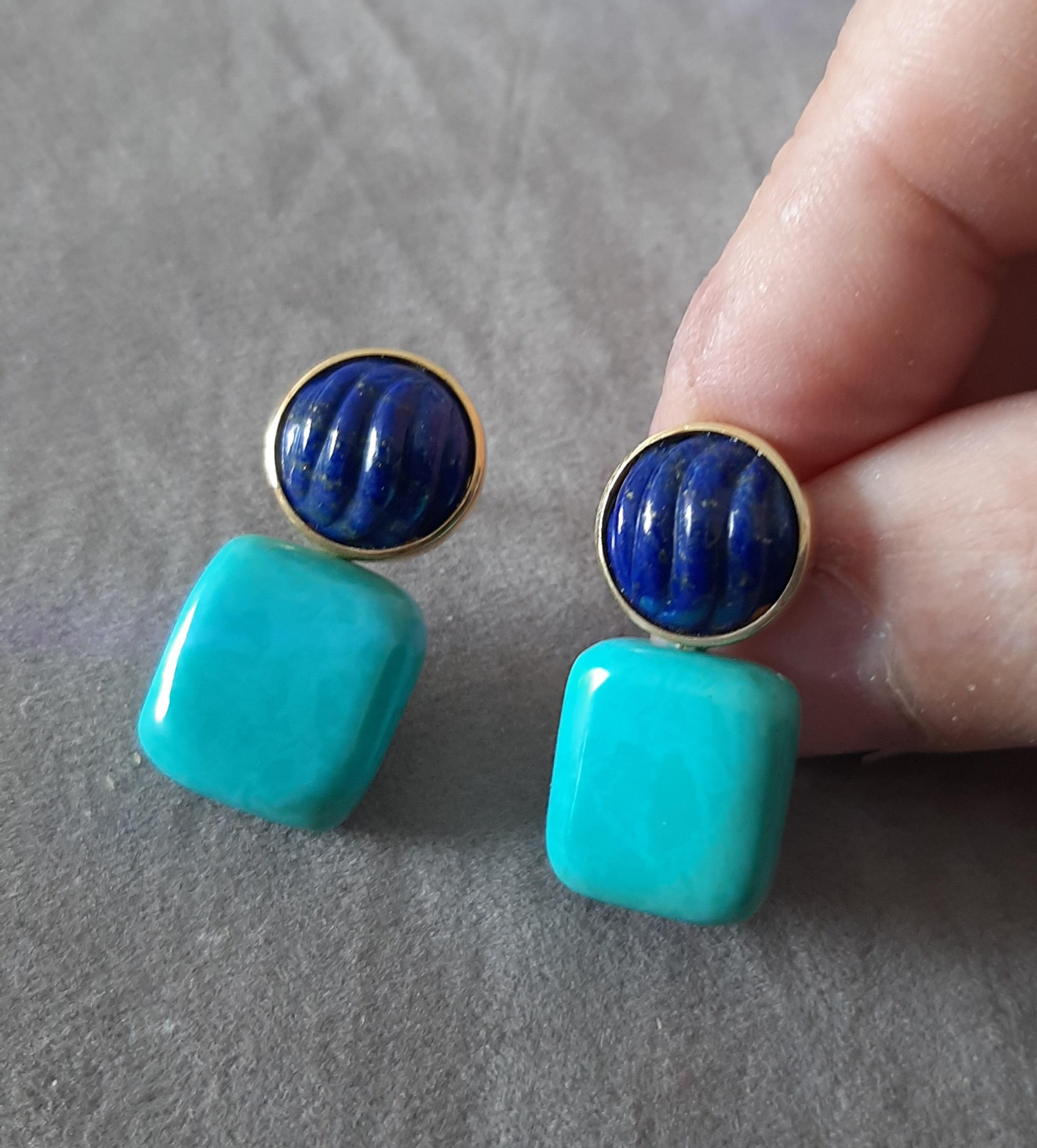 Boucles d'oreilles en or massif 14k Lapis Lazuli Cabs Carved Genuine Turquoise Cushions en vente 2