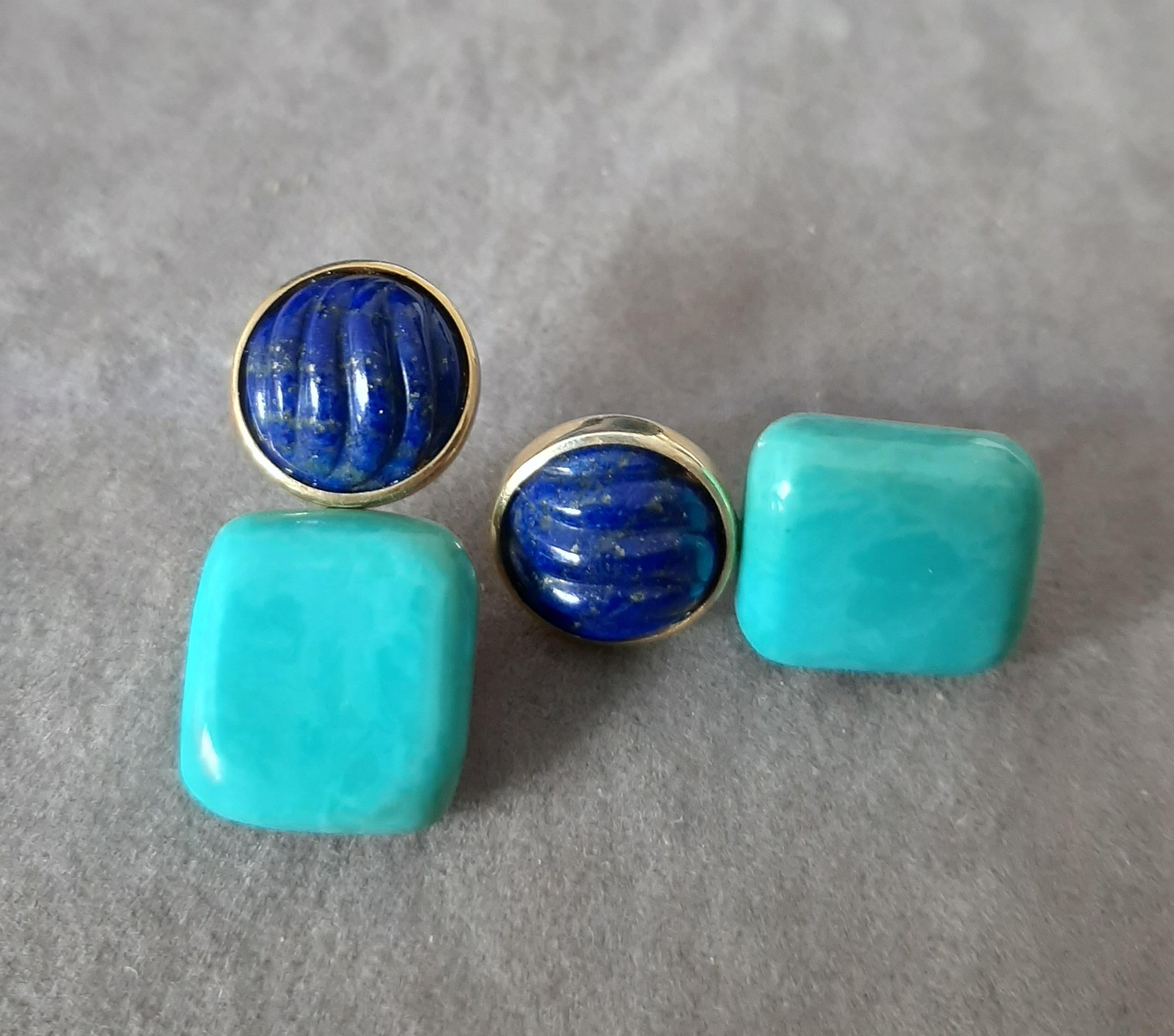 Boucles d'oreilles en or massif 14k Lapis Lazuli Cabs Carved Genuine Turquoise Cushions en vente 3