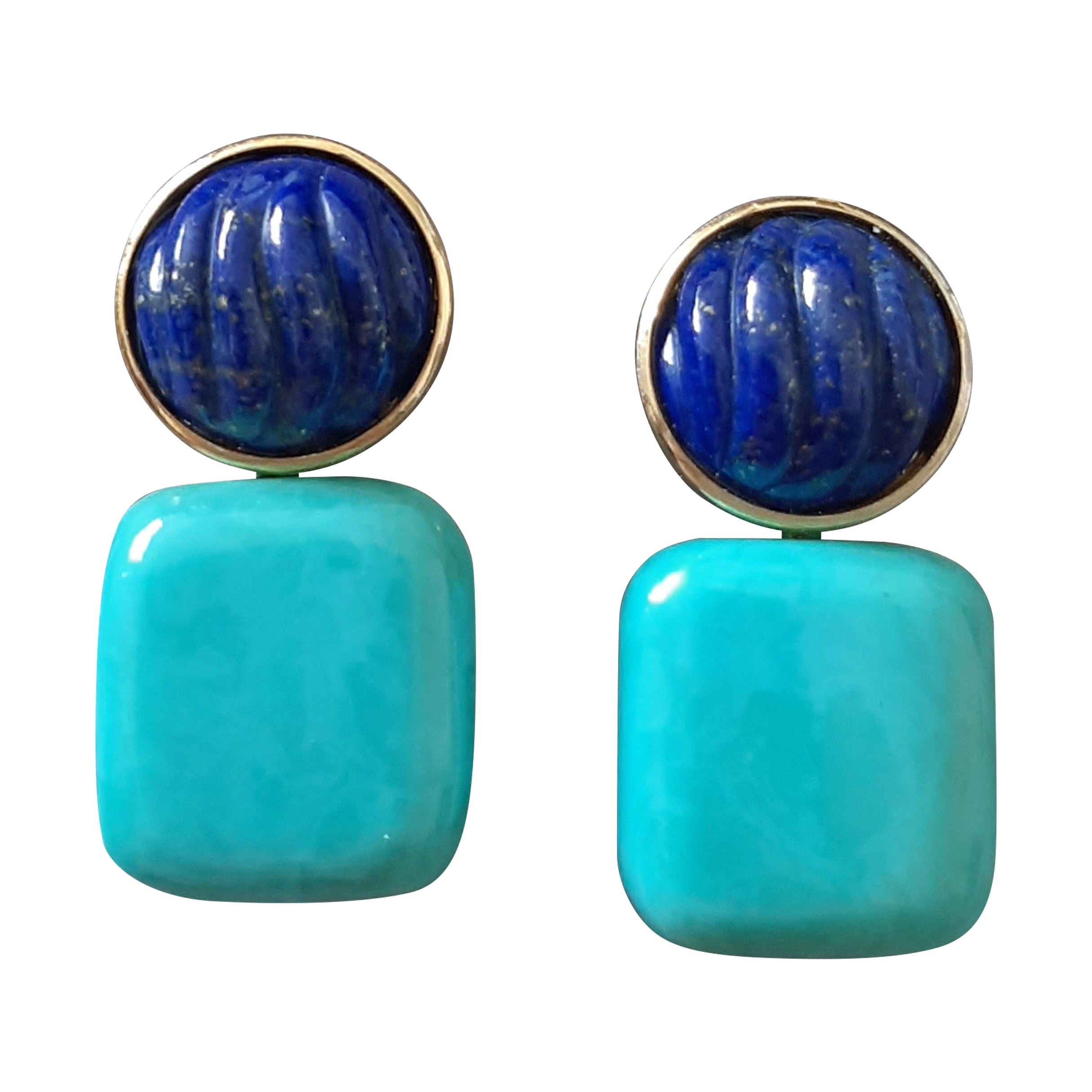 Boucles d'oreilles en or massif 14k Lapis Lazuli Cabs Carved Genuine Turquoise Cushions en vente