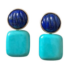 Lapis Lazuli Carved Cabs Genuine Turquoise Cushions 14k Solid Gold Stud Earrings