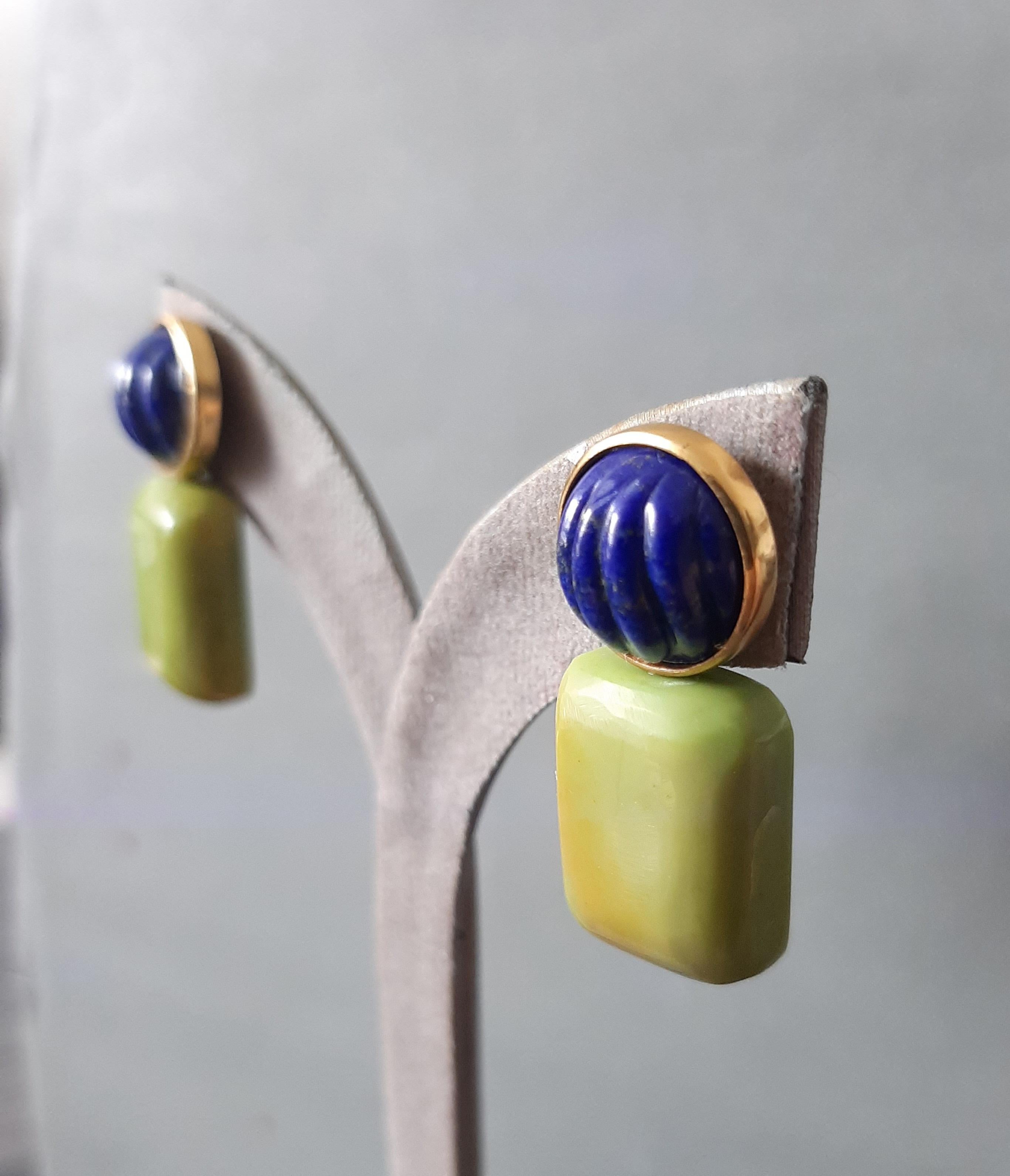 Lapis Lazuli geschnitzt Cabs Grüner Türkis Kissen 14k Solid Gold Ohrstecker (Kunsthandwerker*in) im Angebot