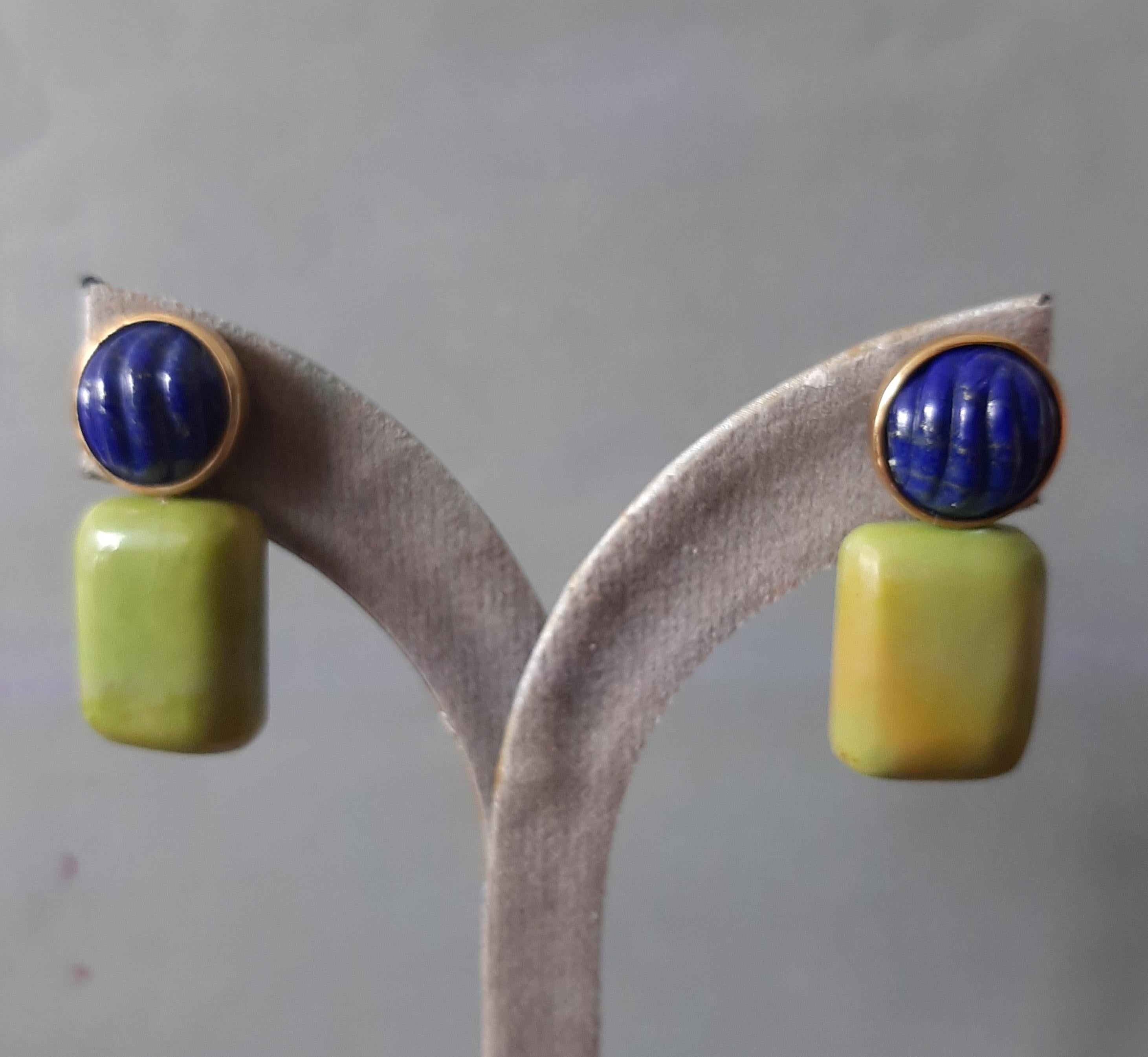Lapis Lazuli geschnitzt Cabs Grüner Türkis Kissen 14k Solid Gold Ohrstecker (Gemischter Schliff) im Angebot