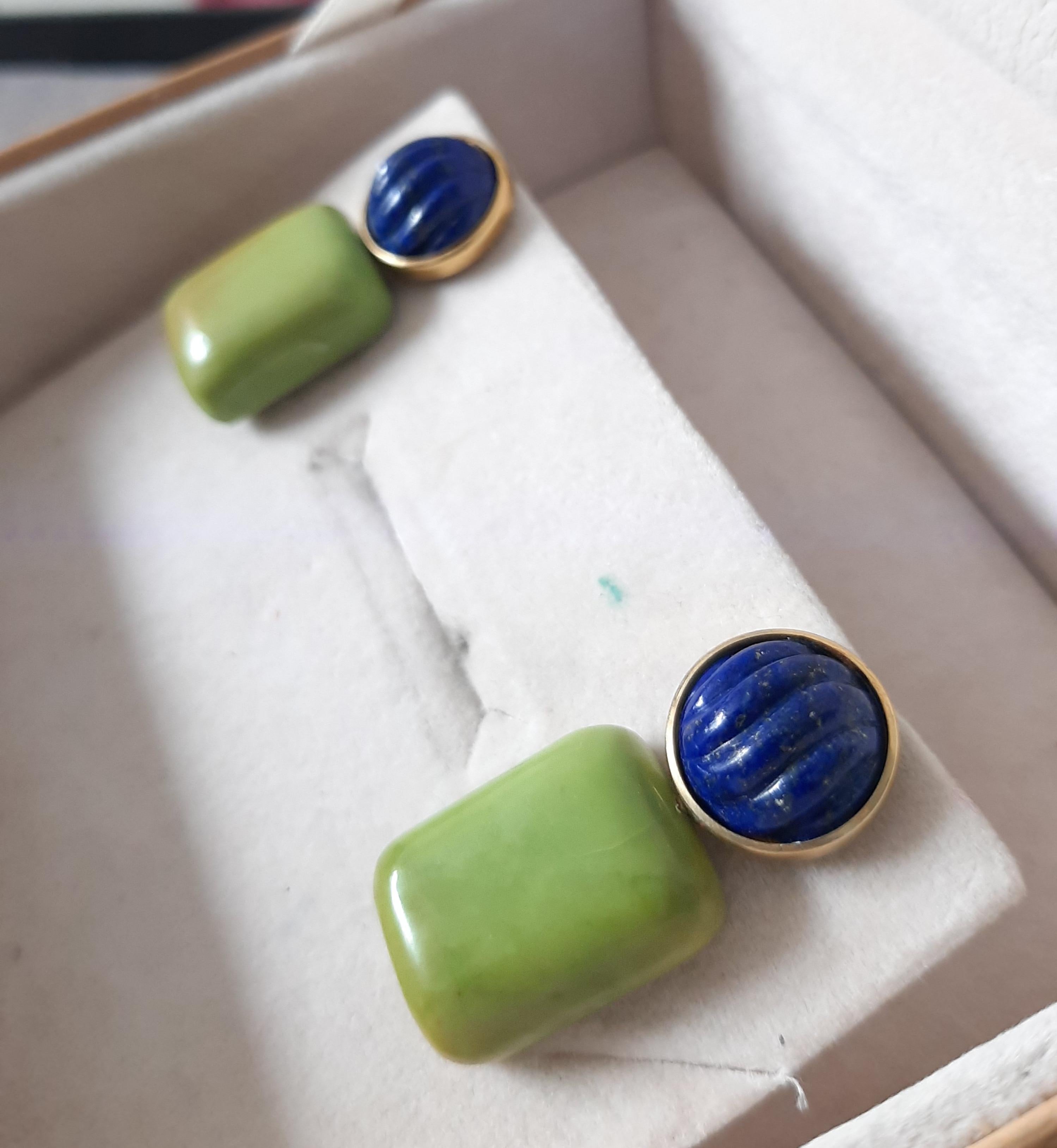 Lapis Lazuli geschnitzt Cabs Grüner Türkis Kissen 14k Solid Gold Ohrstecker im Zustand „Neu“ im Angebot in Bangkok, TH