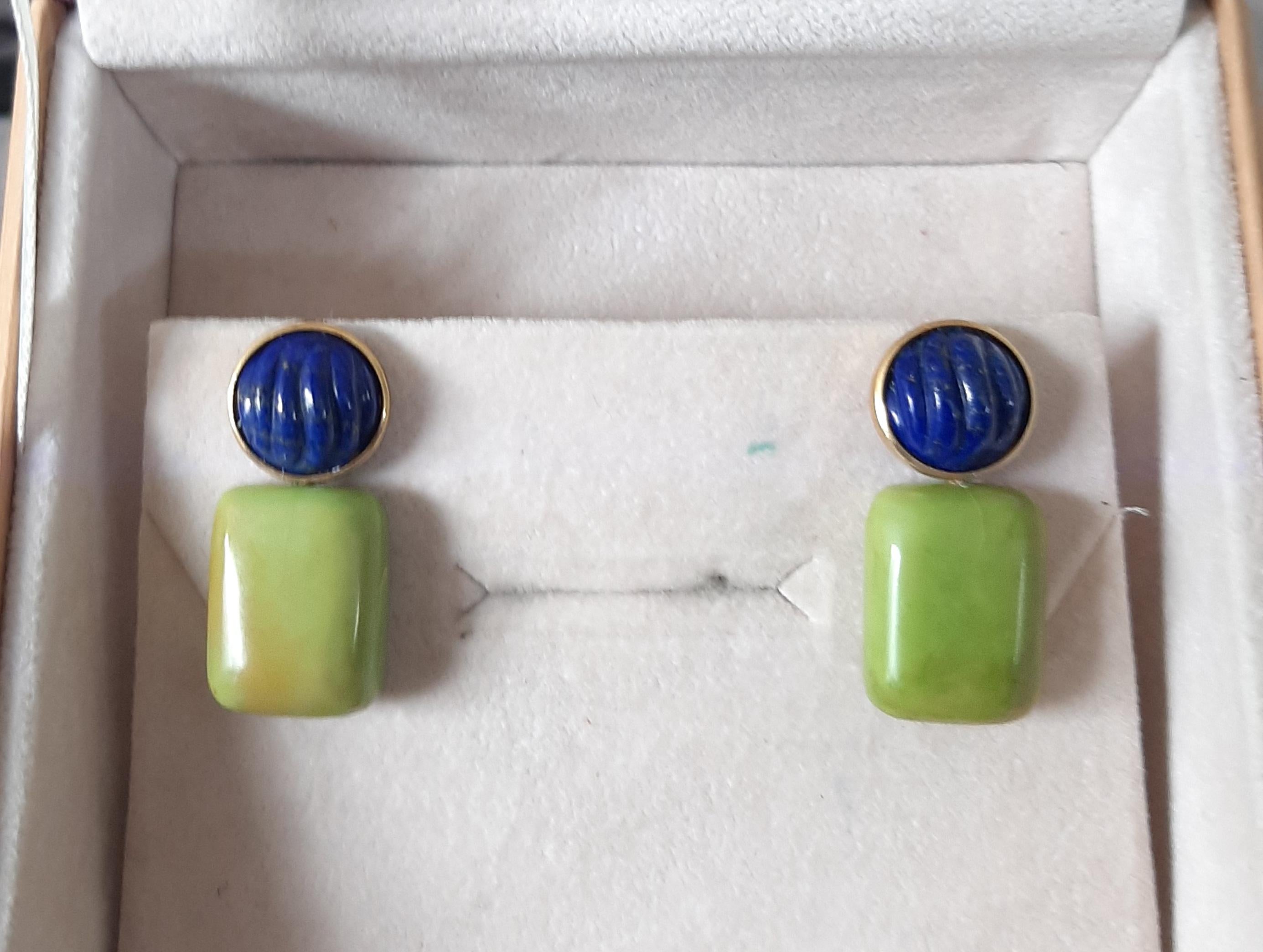 Lapis Lazuli geschnitzt Cabs Grüner Türkis Kissen 14k Solid Gold Ohrstecker Damen im Angebot