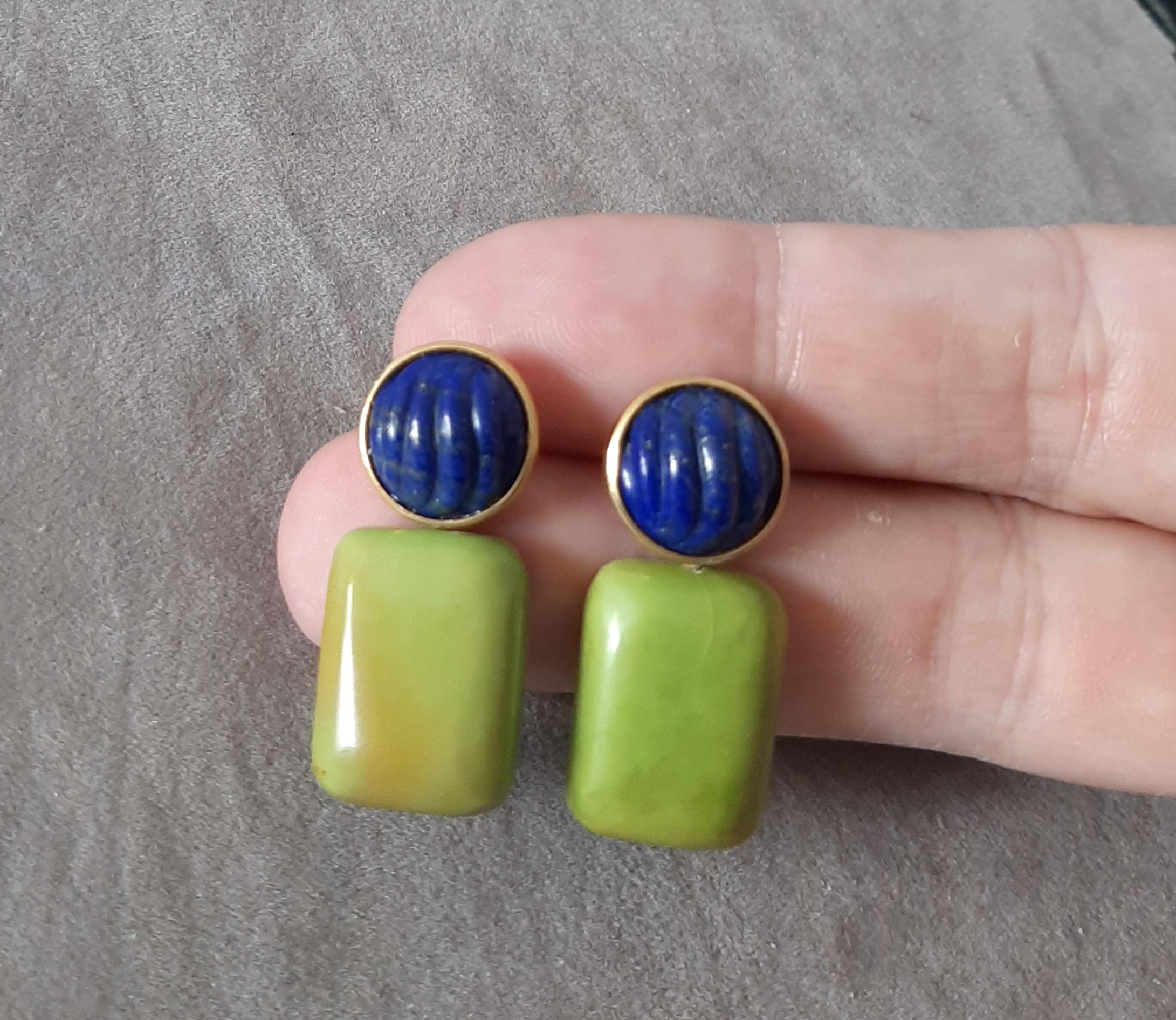 Lapis Lazuli geschnitzt Cabs Grüner Türkis Kissen 14k Solid Gold Ohrstecker im Angebot 1