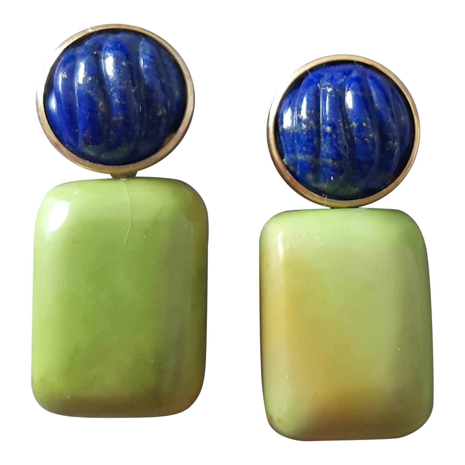 Lapis Lazuli geschnitzt Cabs Grüner Türkis Kissen 14k Solid Gold Ohrstecker im Angebot