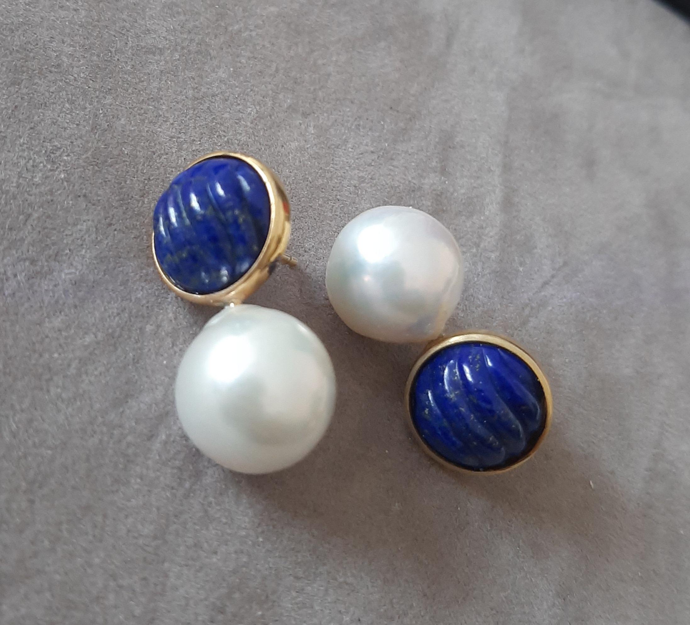 Boucles d'oreilles en Lapis Lazuli et Perles Baroques Blanches 14k en or massif en vente 4
