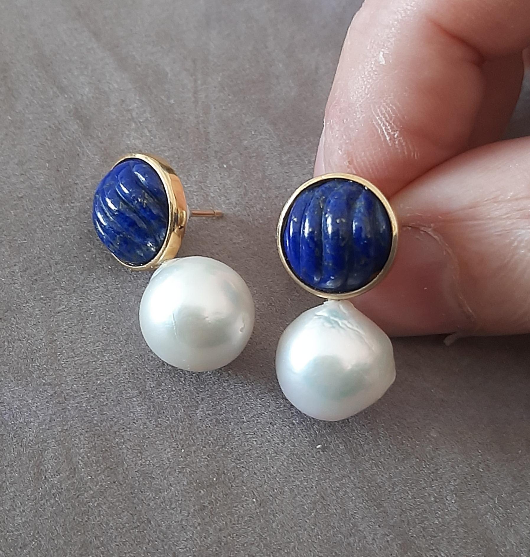 Boucles d'oreilles en Lapis Lazuli et Perles Baroques Blanches 14k en or massif en vente 6