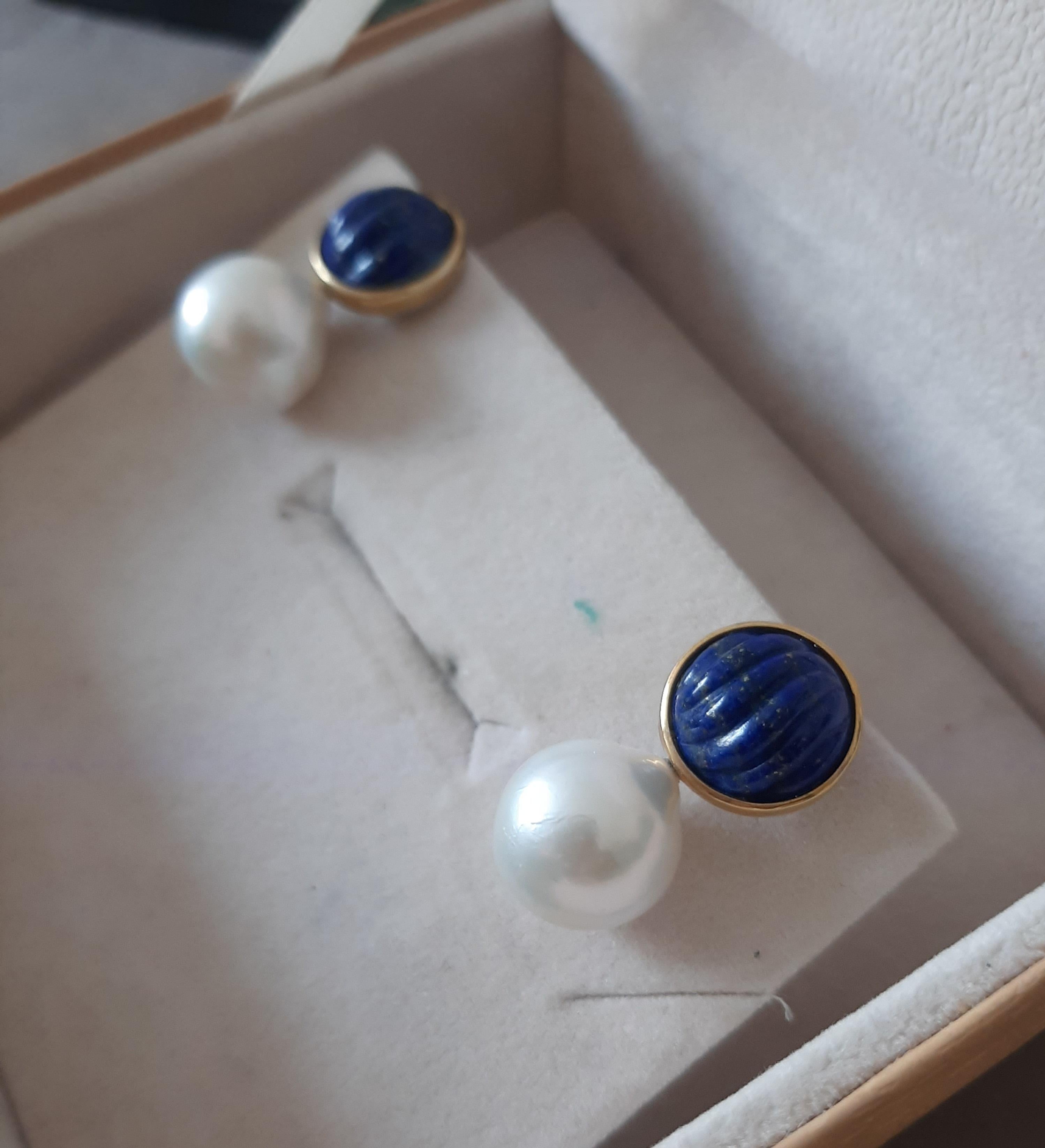 Boucles d'oreilles en Lapis Lazuli et Perles Baroques Blanches 14k en or massif en vente 1
