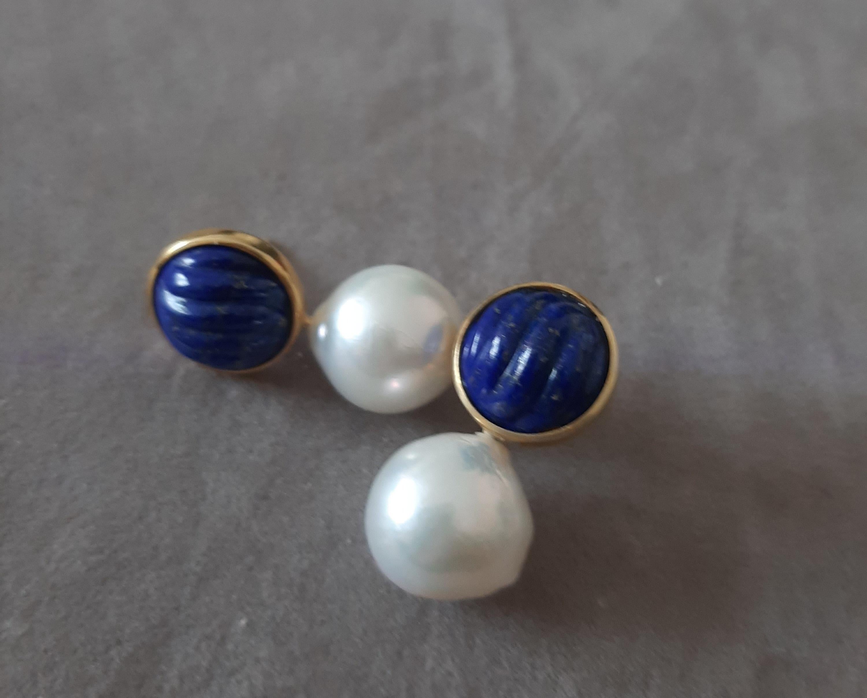 Boucles d'oreilles en Lapis Lazuli et Perles Baroques Blanches 14k en or massif en vente 3