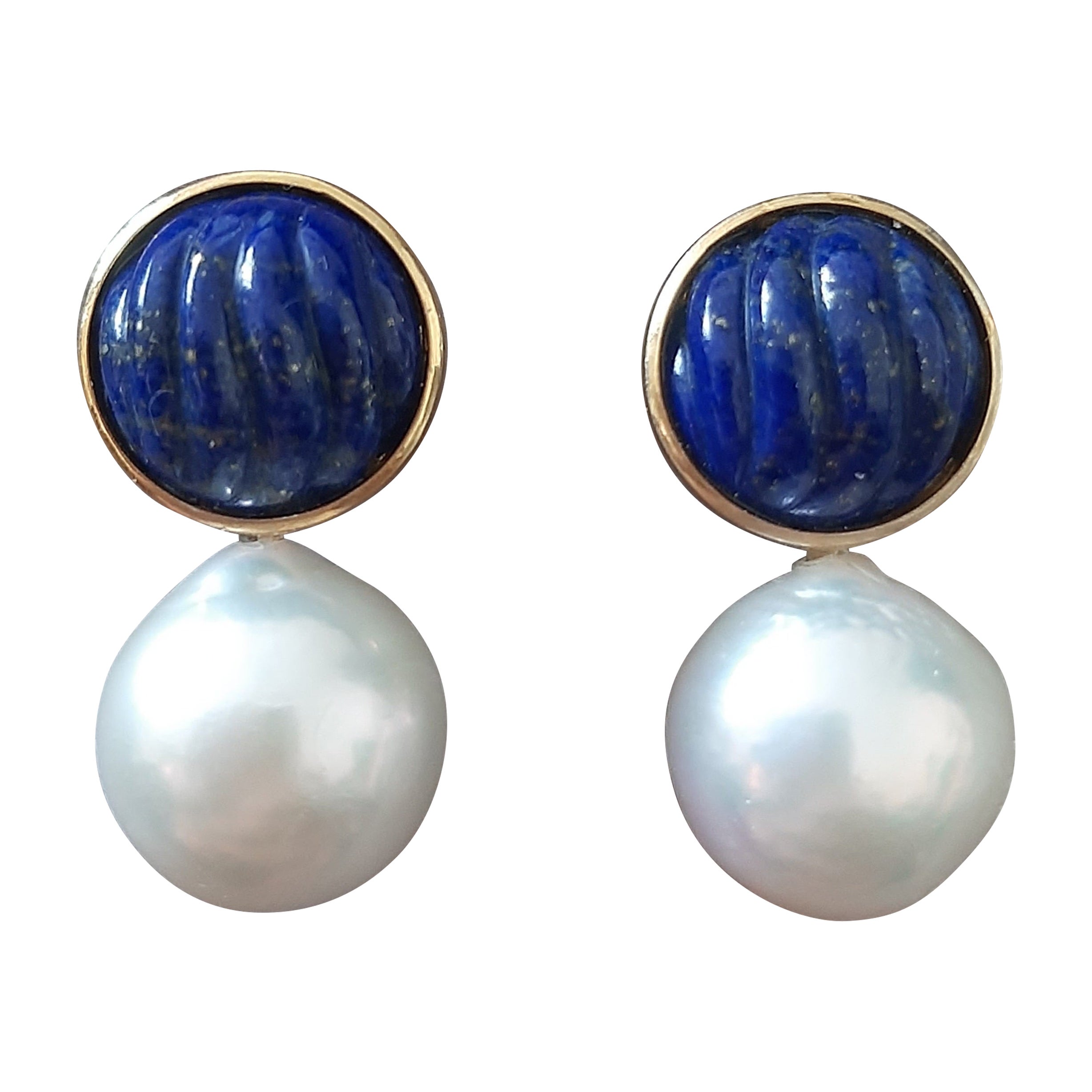 Boucles d'oreilles en Lapis Lazuli et Perles Baroques Blanches 14k en or massif