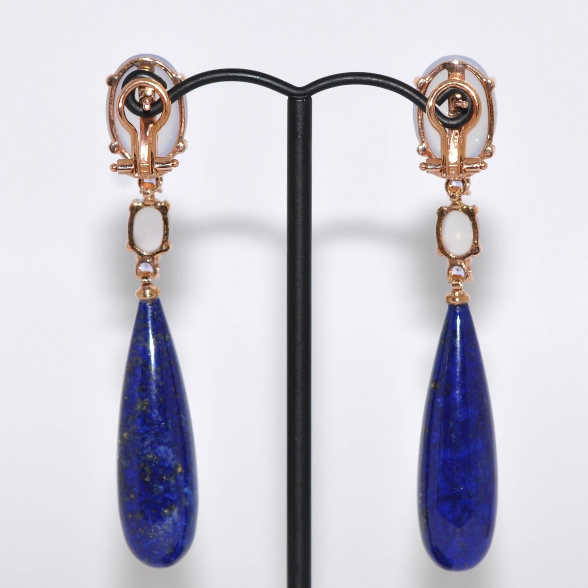 Oval Cut Lapis Lazuli, Chalcedony and Tanzanite Rose Gold Chandelier Earrings