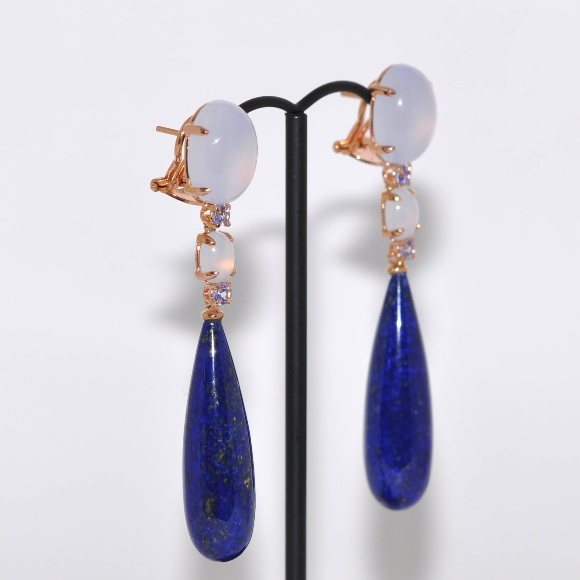 Women's Lapis Lazuli, Chalcedony and Tanzanite Rose Gold Chandelier Earrings