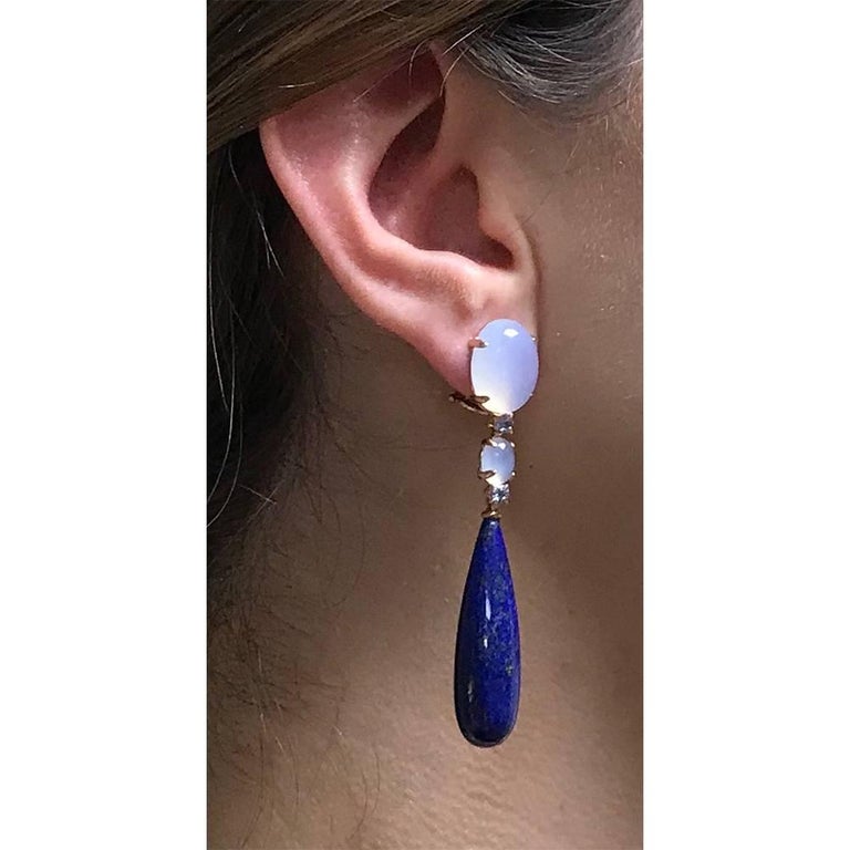 Lapis Lazuli, Chalcedony and Tanzanite Rose Gold Chandelier Earrings For Sale 3