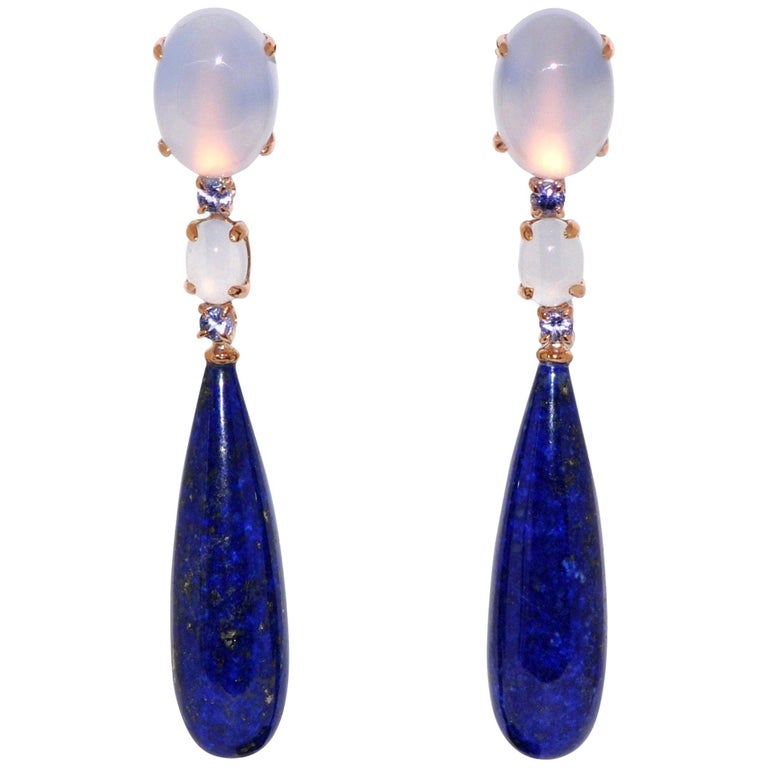 Lapis Lazuli, Chalcedony and Tanzanite Rose Gold Chandelier Earrings For Sale