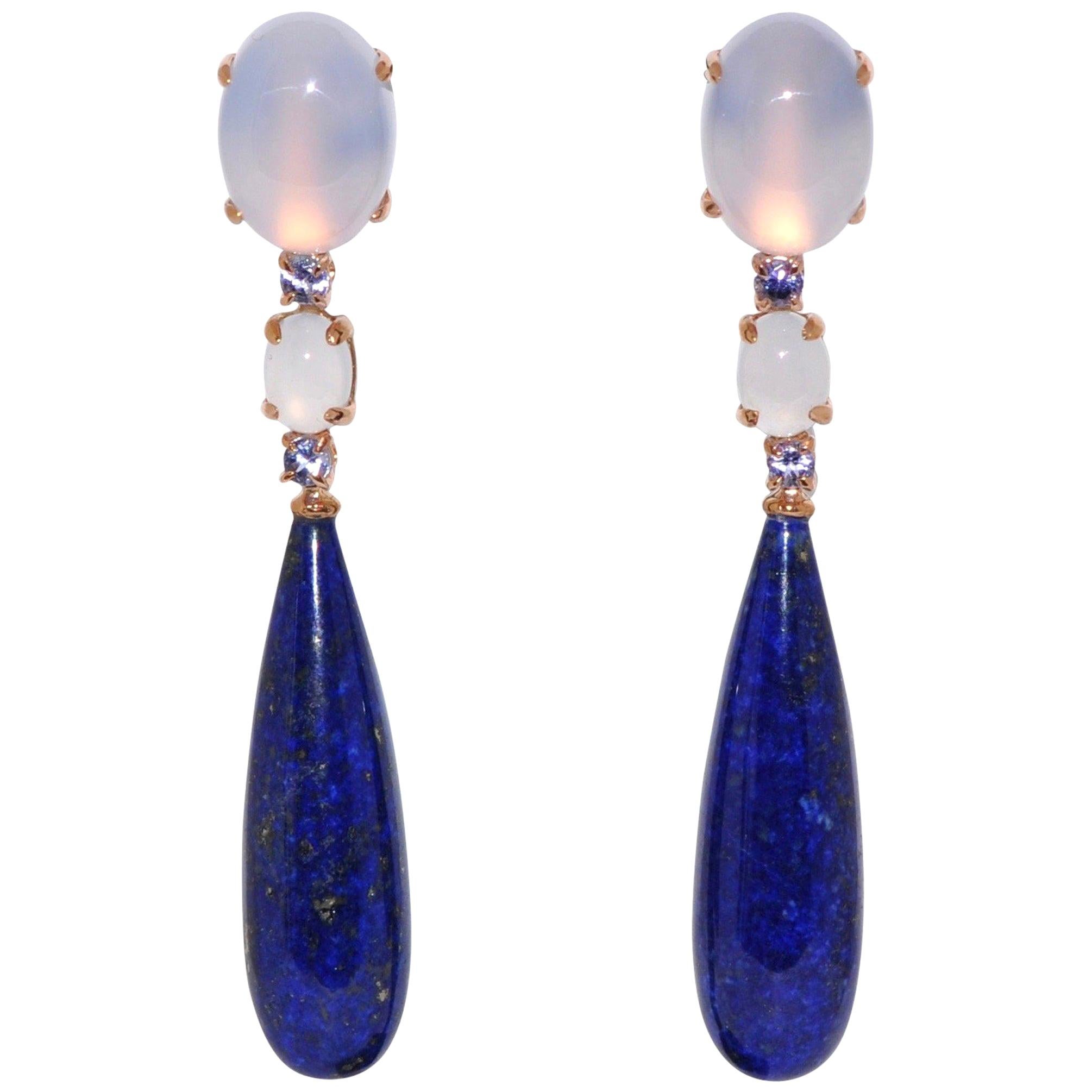 Lapis Lazuli, Chalcedony and Tanzanite Rose Gold Chandelier Earrings