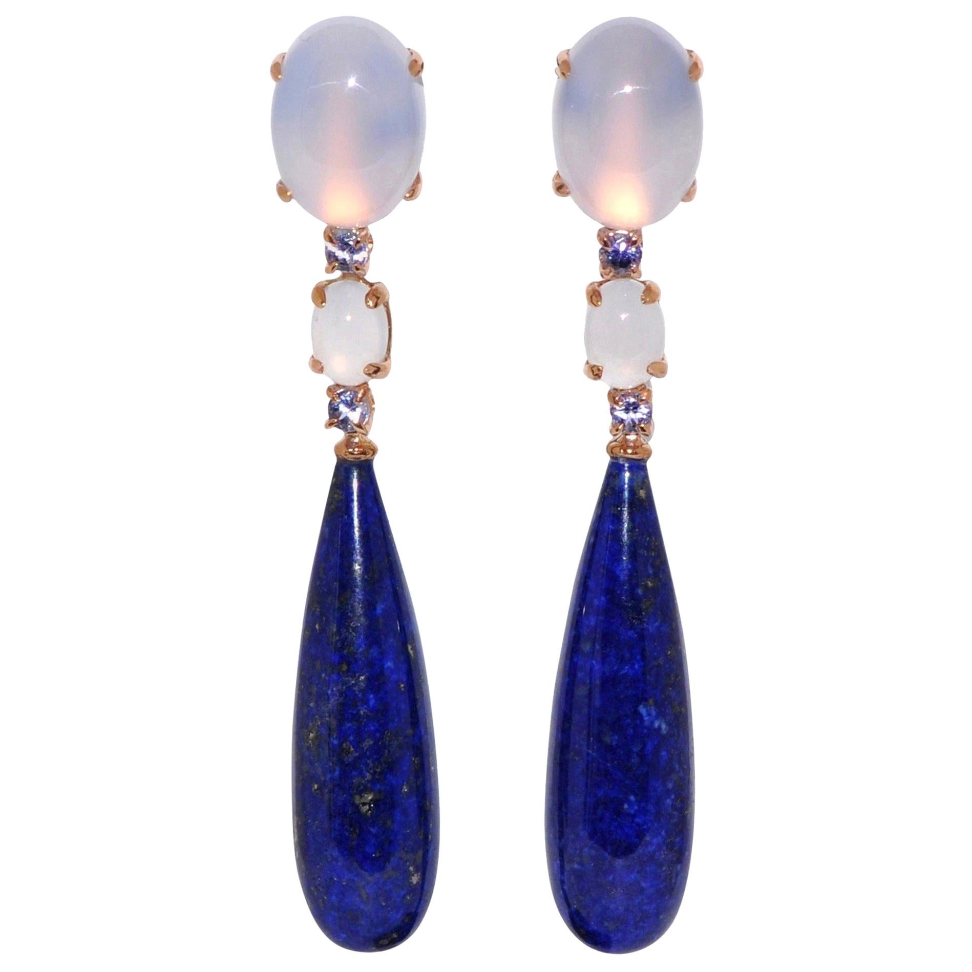 Lapis Lazuli, Chalcedony and Tanzanite Rose Gold Chandelier Earrings