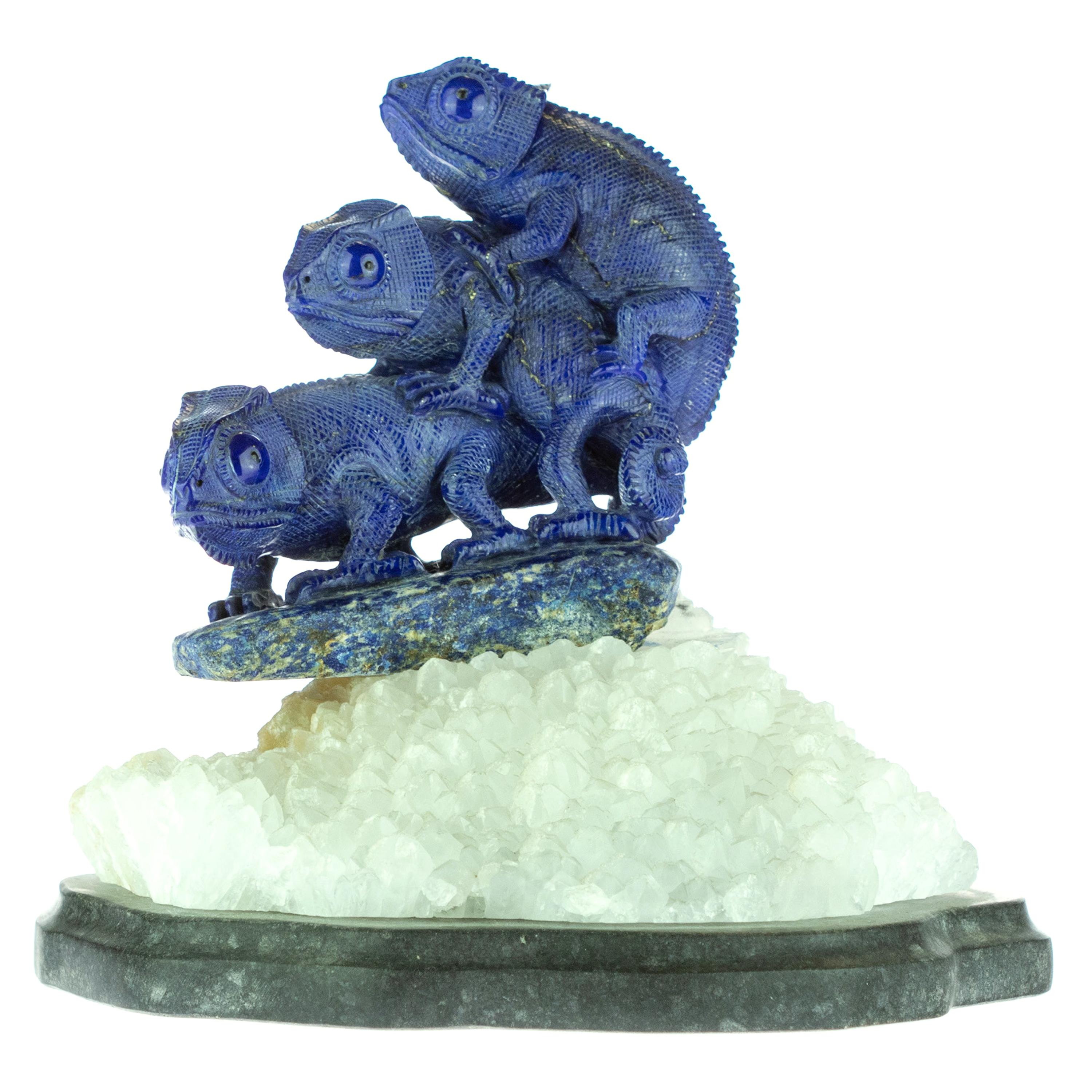 Lapis Lazuli Chameleon Figurine Carved Asian Artisan Animal Statue Sculpture For Sale