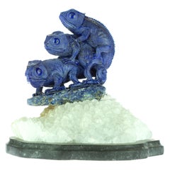 Retro Lapis Lazuli Chameleon Figurine Carved Asian Artisan Animal Statue Sculpture