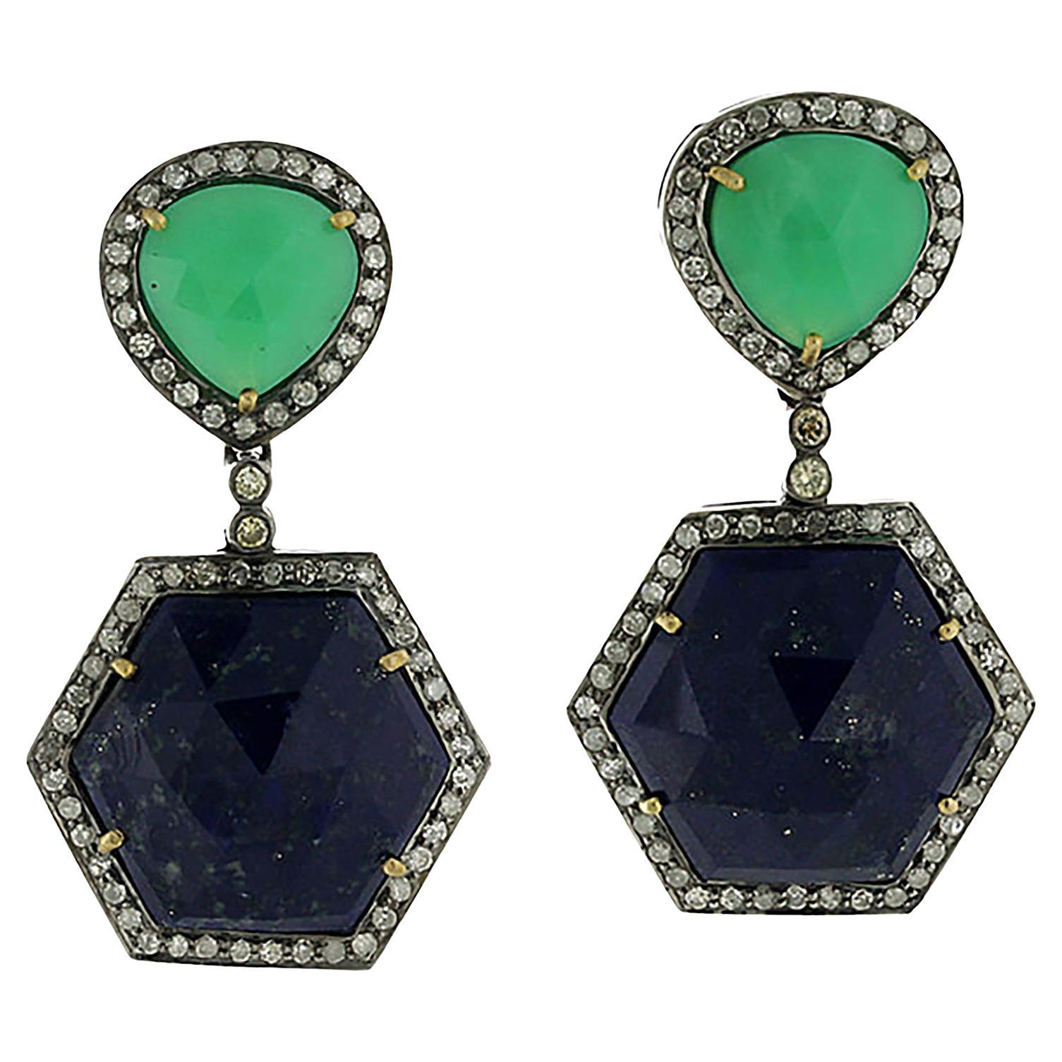 Lapis Lazuli 
Chrysoprase Geometric Drop Earrings For Sale