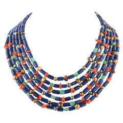 Lapis Lazuli Coral Chrysophrase Pearls Beaded Multistrand Intini Jewels Necklace