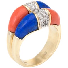 Lapis Lazuli Coral Diamond Double Cocktail Ring Vintage 14 Karat Gold Estate